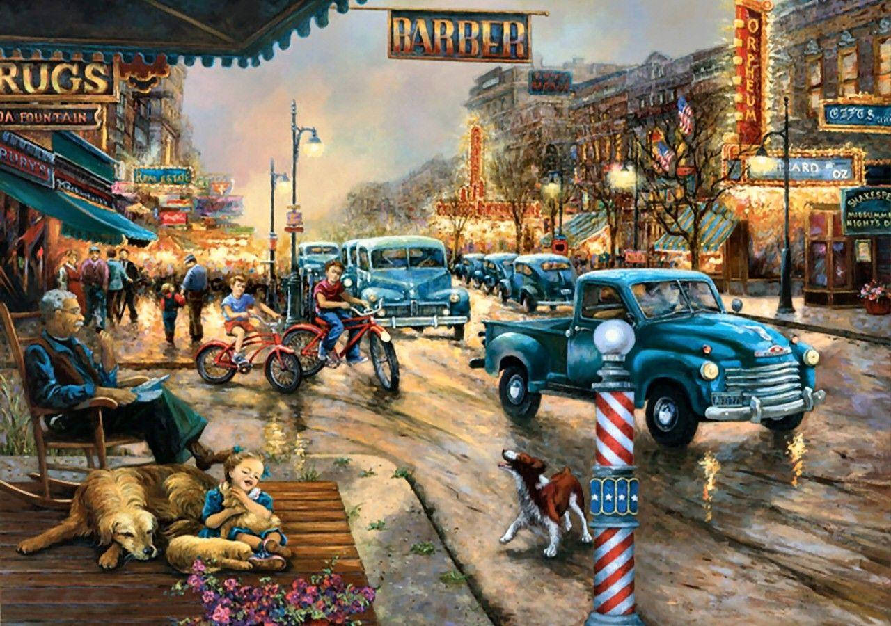 Barber 桌布 壁紙 — 懷舊的1950年代街景，有復古藍色貨車、騎腳踏車的孩子們和理髮店標誌旁的狗，在溫暖的路燈下。