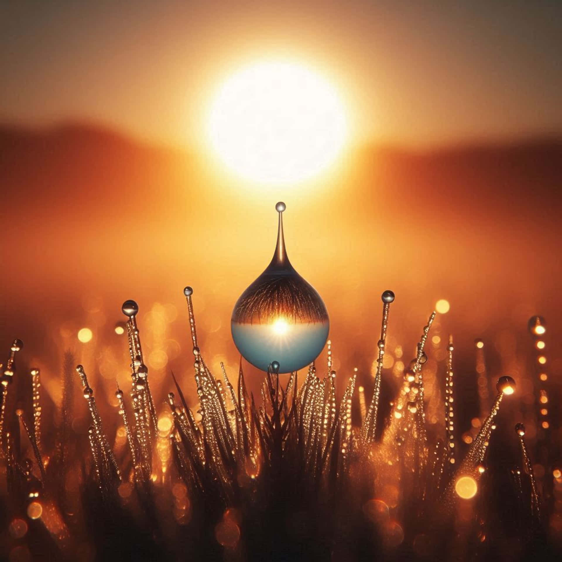 dew drop 壁紙 — 懸掛在草叢上方的一顆巨大露珠，映照著橙色天空中的一輪熾熱太陽。