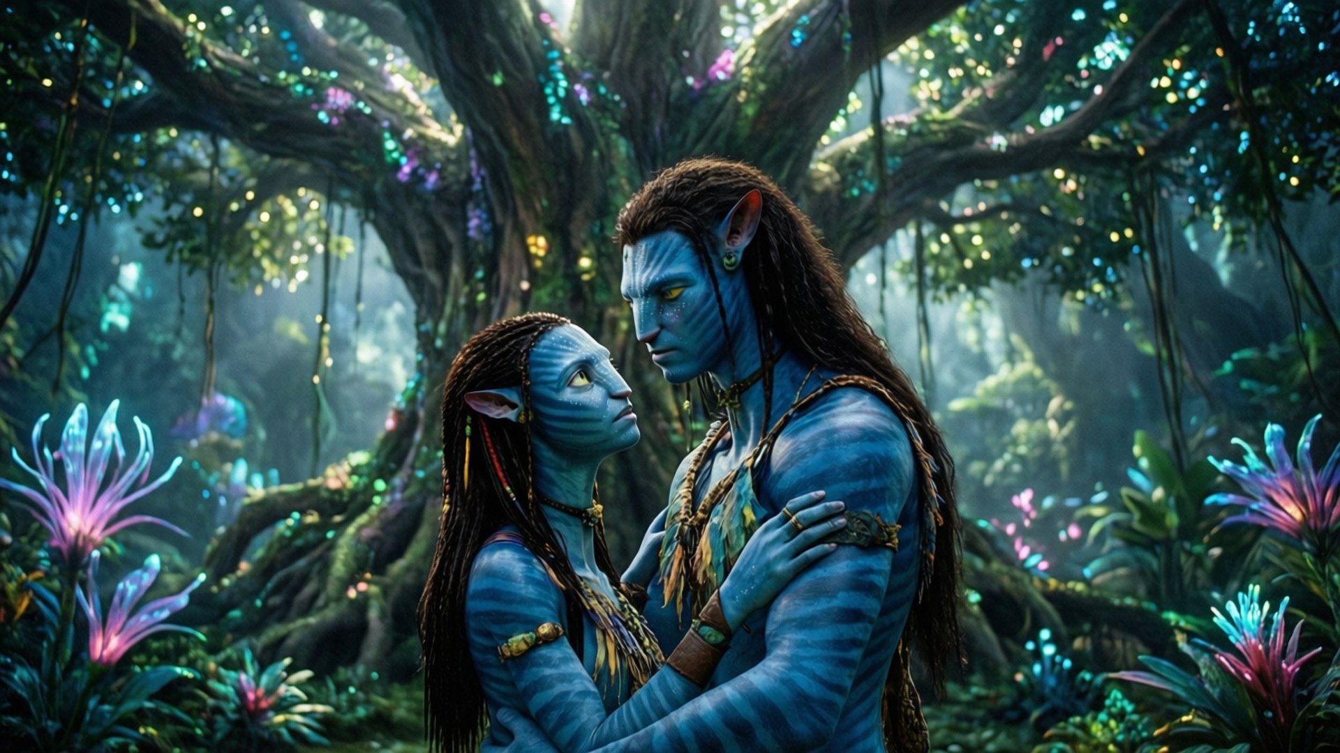 戀人相擁 壁紙 — 兩個藍皮膚的納美人戀人在一棵巨樹下，在充滿生物發光植物的發光外星叢林中溫柔擁抱。