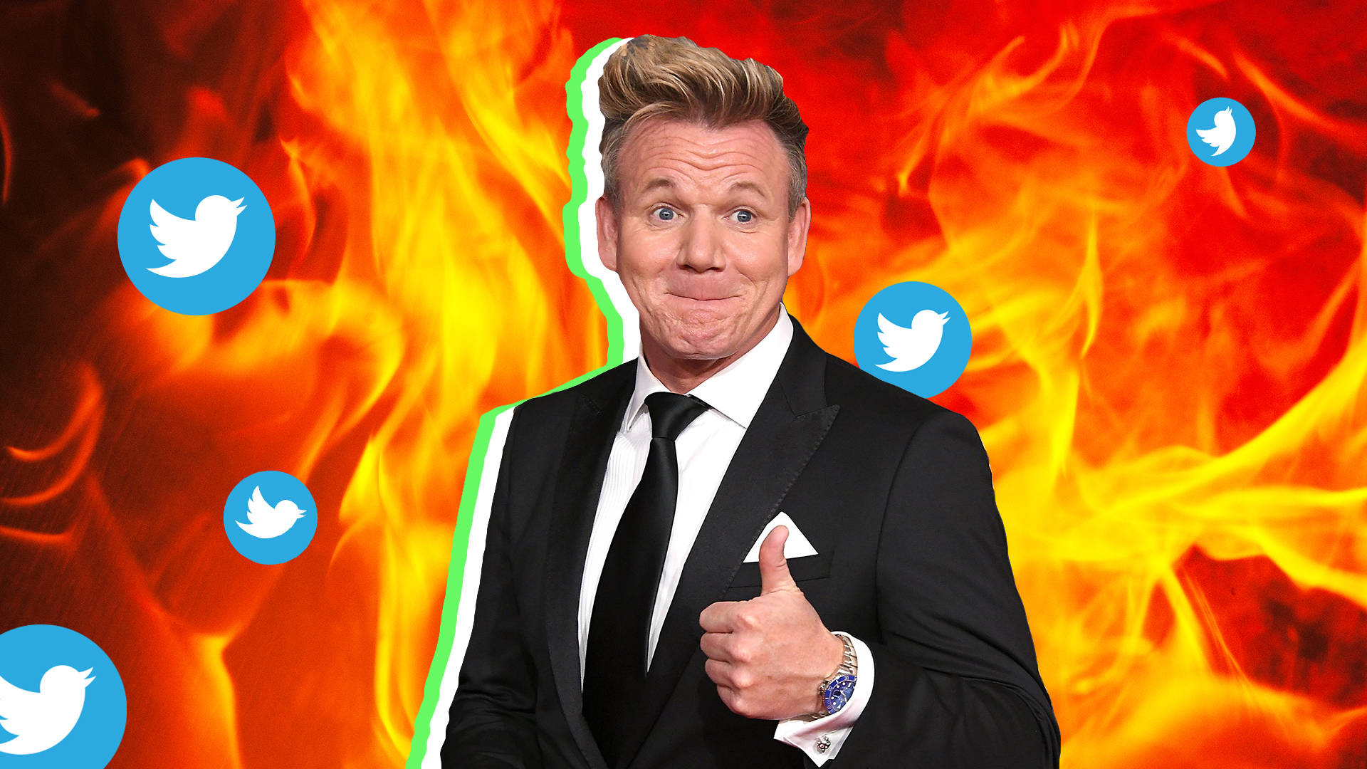Gordon Ramsay 桌布 壁紙 — 戈登·拉姆齊在火熱背景中豎起大拇指，並有漂浮的Twitter標誌。