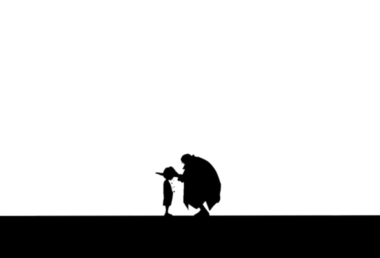 Anime Character 桌布 壁紙 — 成人與小孩的剪影在純白背景與黑色地面上分享溫馨時刻。