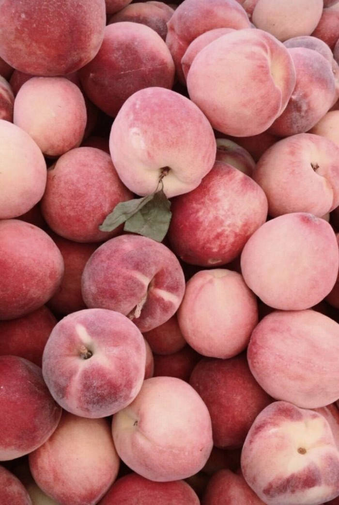 Fruits 桌布 壁紙 — 成熟桃子的特寫，堆疊在一起，帶有柔和的粉紅色和紅色色調，以及一片綠葉。