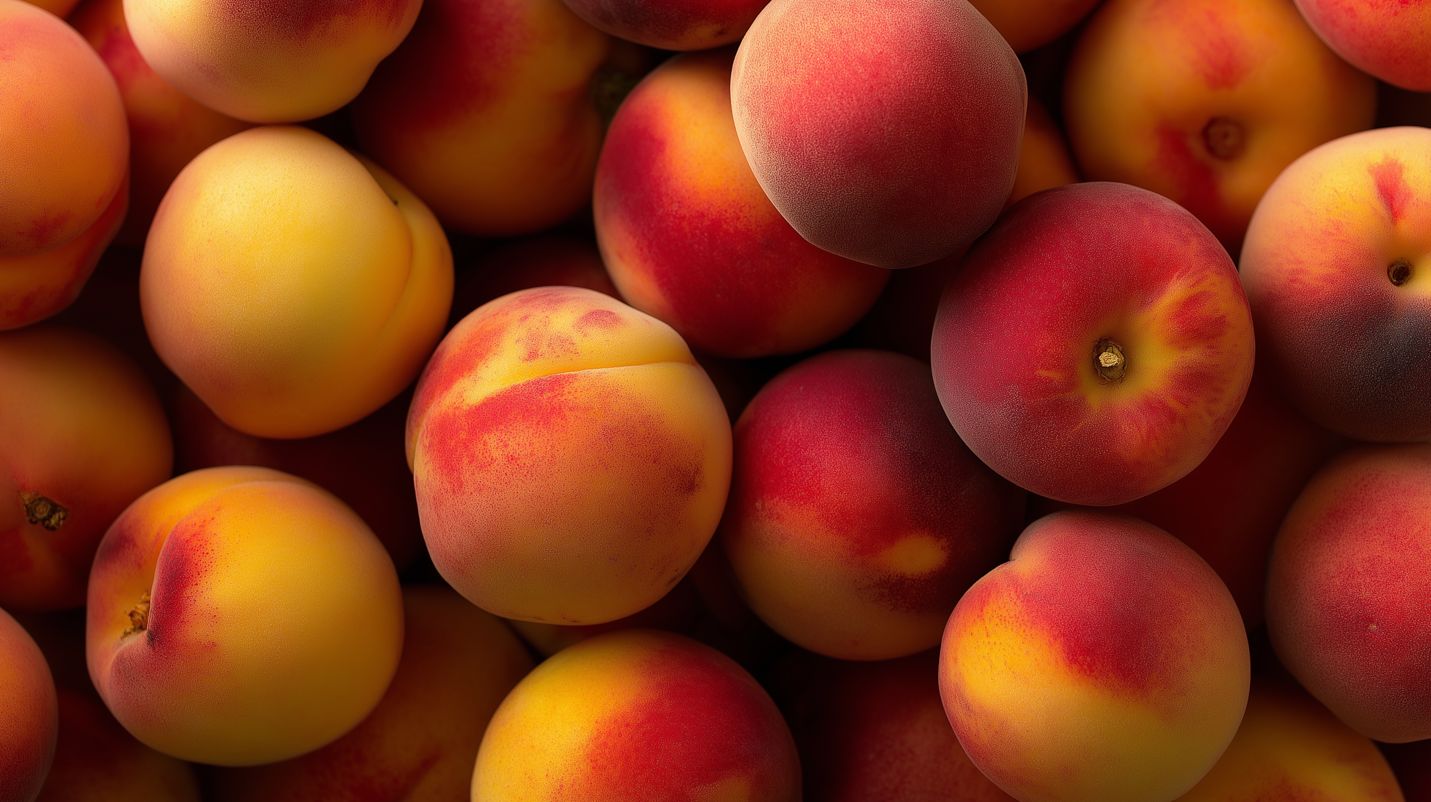Fruit 桌布 壁紙 — 成熟桃子的特寫，帶有柔軟絨毛的果皮和鮮豔的紅黃色調堆疊在一起。