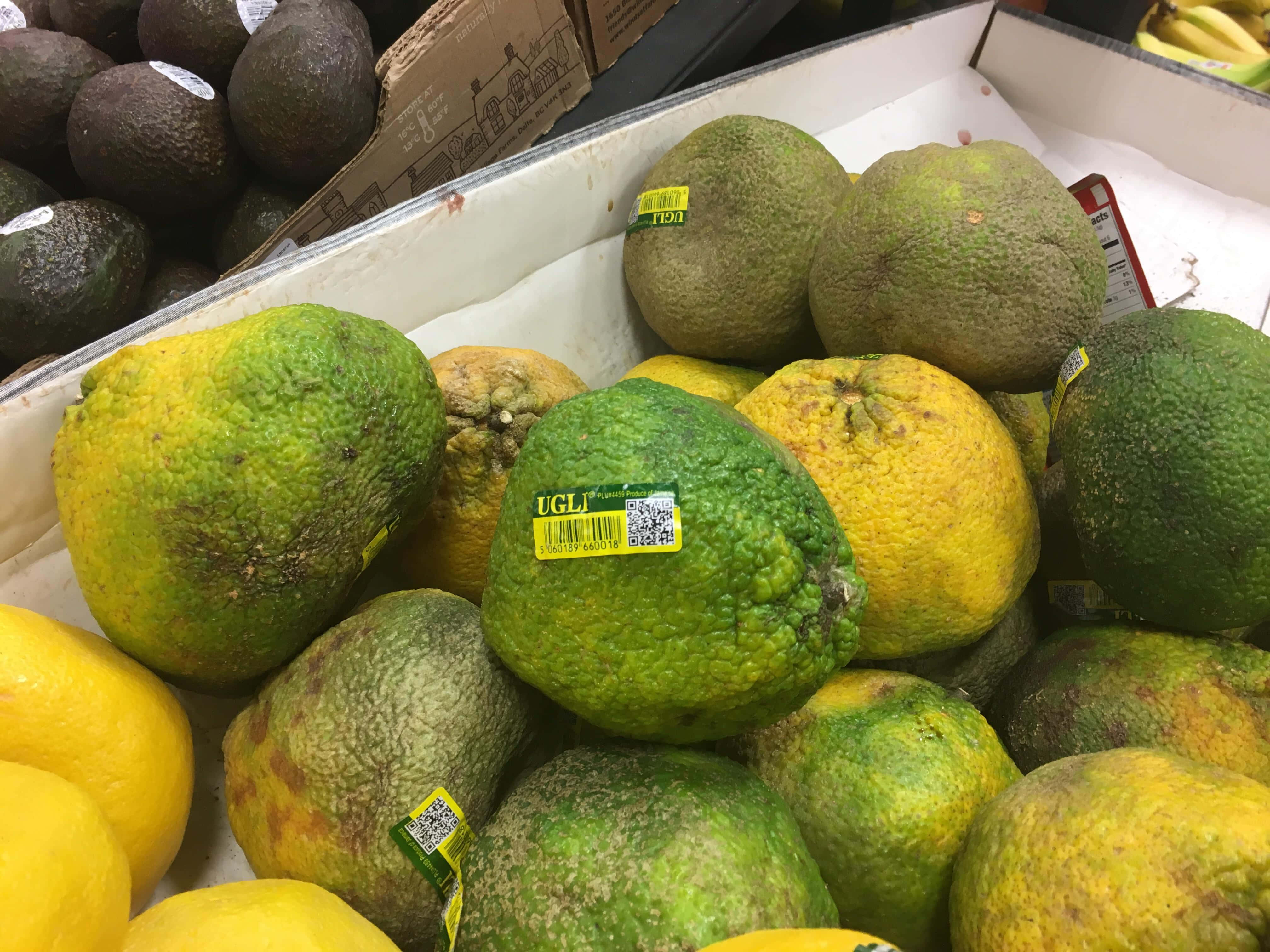 Fruits 桌布 壁紙 — 成熟的醜橘果實，帶有凹凸不平的黃綠色果皮，與酪梨和檸檬一起放在雜貨籃中。