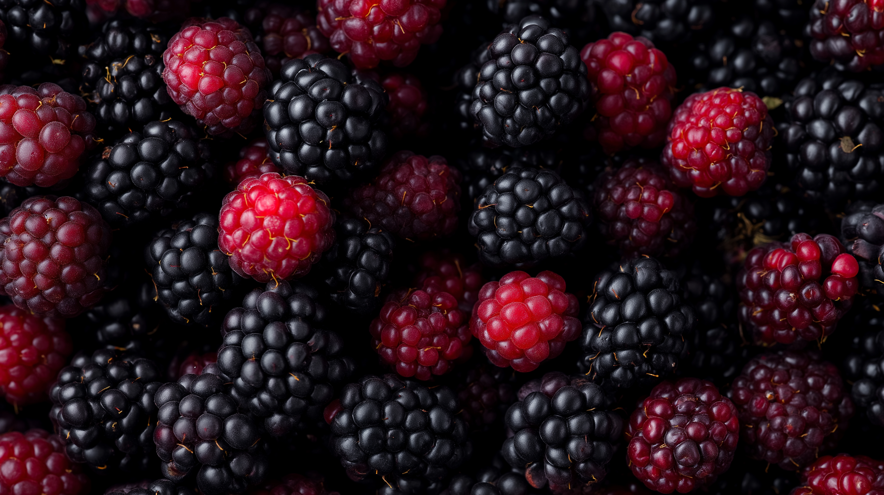 Raspberries 桌布 壁紙 — 成熟黑莓的特寫，呈現深黑色和鮮紅色調，帶有紋理的小核果。