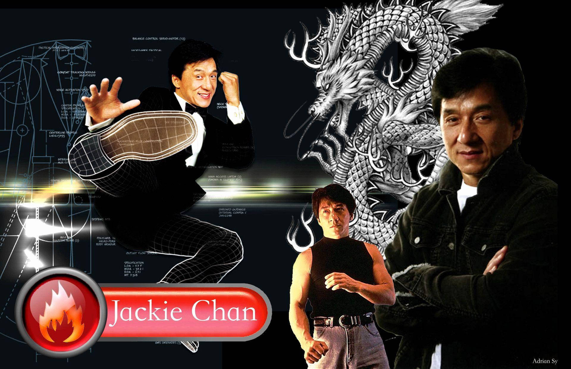 龍 桌布 壁紙 — 成龍在技術藍圖背景前，以多種武術姿勢動態擺拍，旁邊有詳細的龍插圖。