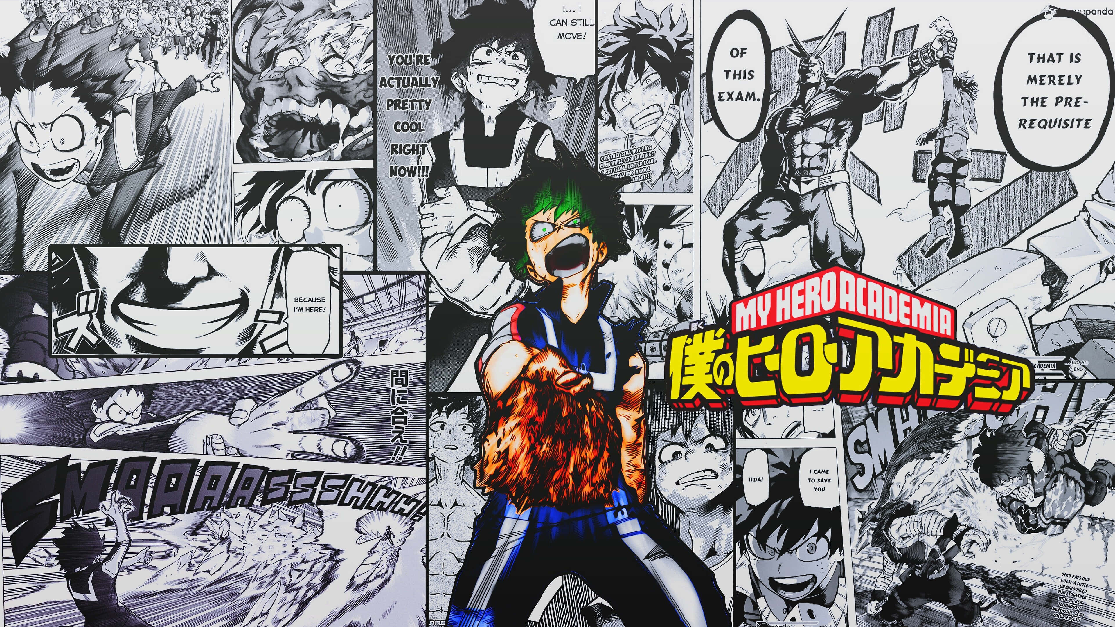 Manga Pages 桌布 壁紙 — 《我的英雄學院》的動態漫畫面板展示了綠谷出久在富有表現力的漫畫藝術包圍下進行火熱的個性動作。
