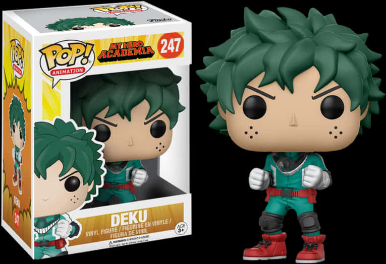 My Hero Academia Anime 桌布 壁紙 — 《我的英雄學院》的綠谷出久 Funko Pop! 乙烯基人偶站在其彩色收藏盒旁，背景為黑色。