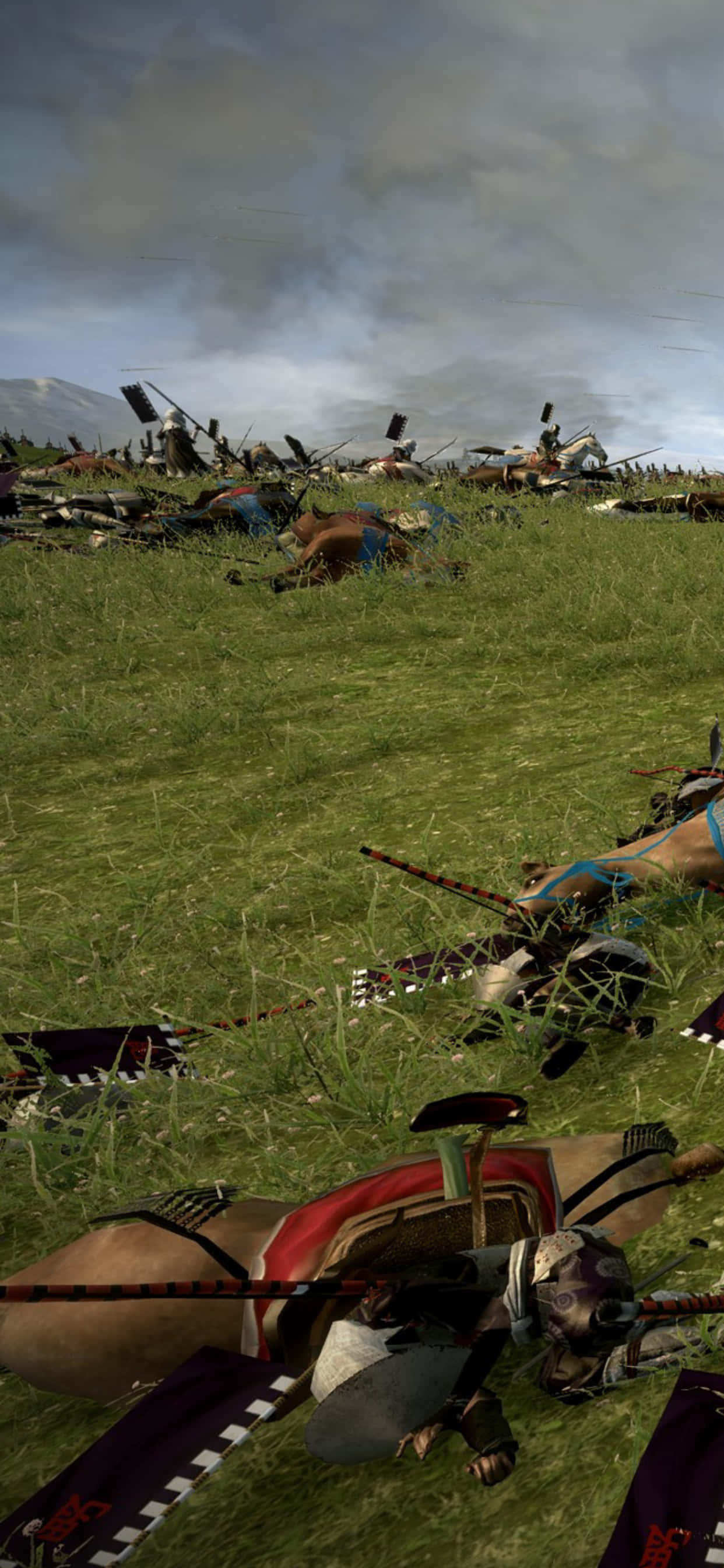 iPhone Xs Max Total War Attila 桌布 壁紙 — 戰場場景，有倒下的武士和馬匹散落在草地上，天空風暴密佈。