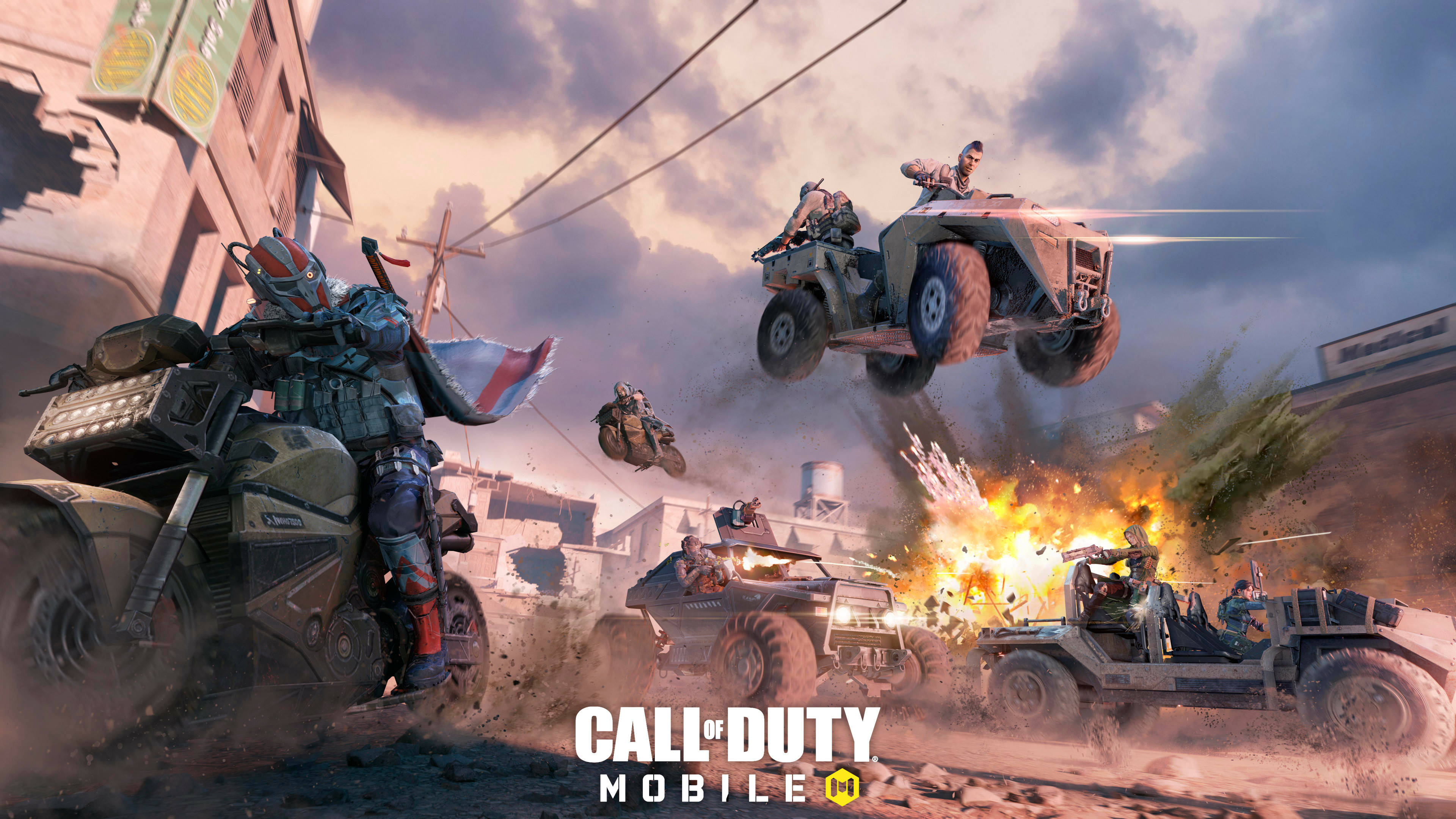 4K call of duty 桌布 壁紙 — 戰士們乘坐裝甲車在 crumbling 的城市街道上戰鬥，爆炸四起，一輛車輛在空中飛翔。