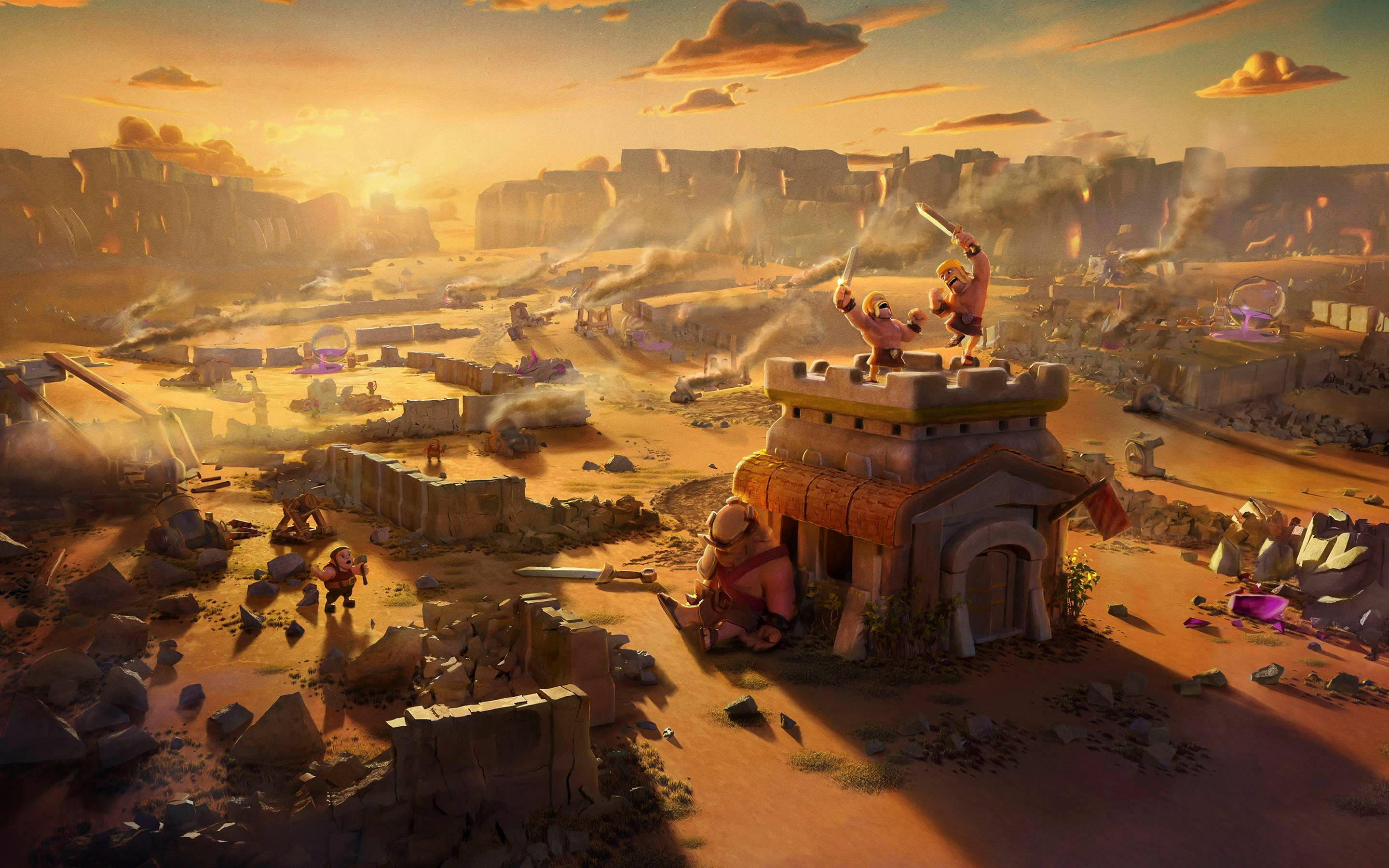 遊戲 桌布 壁紙 — 戰士們在塵土飛揚的峽谷中，於金色夕陽下，在煙霧和廢墟中，在一座搖搖欲墜的堡壘頂上衝突。
