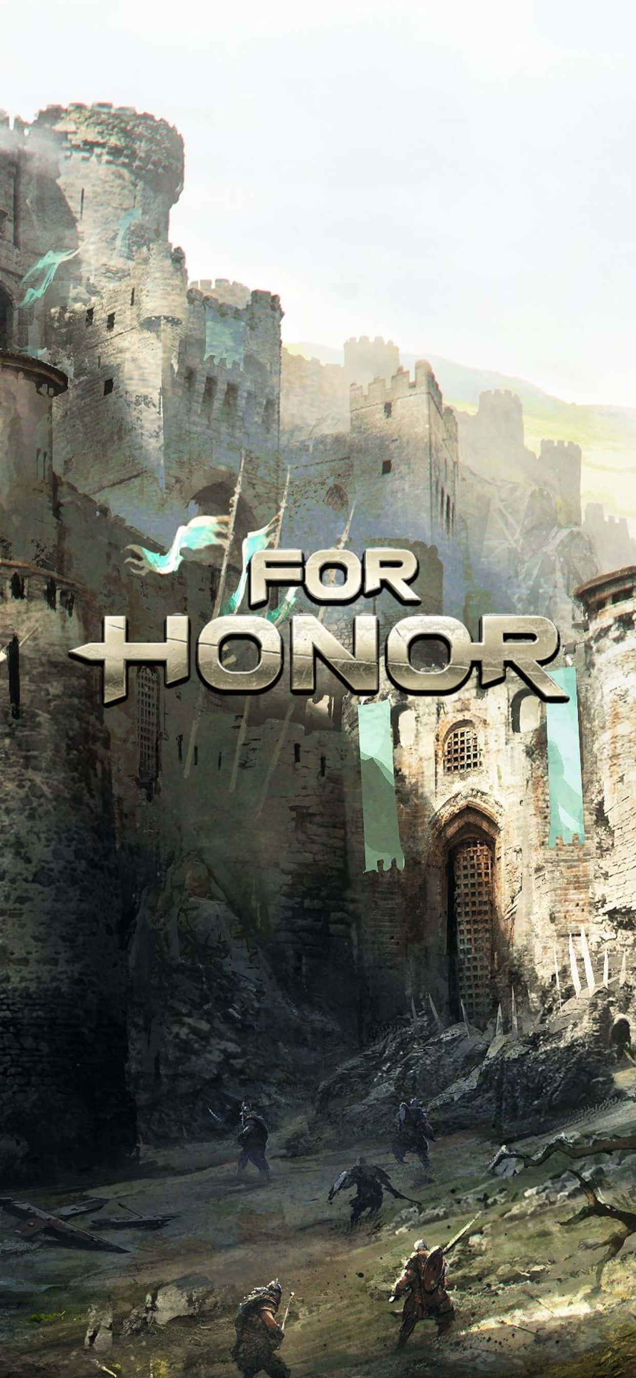 iPhone Xs Max For Honor 桌布 壁紙 — 戰士們在朦朧的天空下，在搖搖欲墜的中世紀城堡前，旗幟飄揚，激烈衝突。