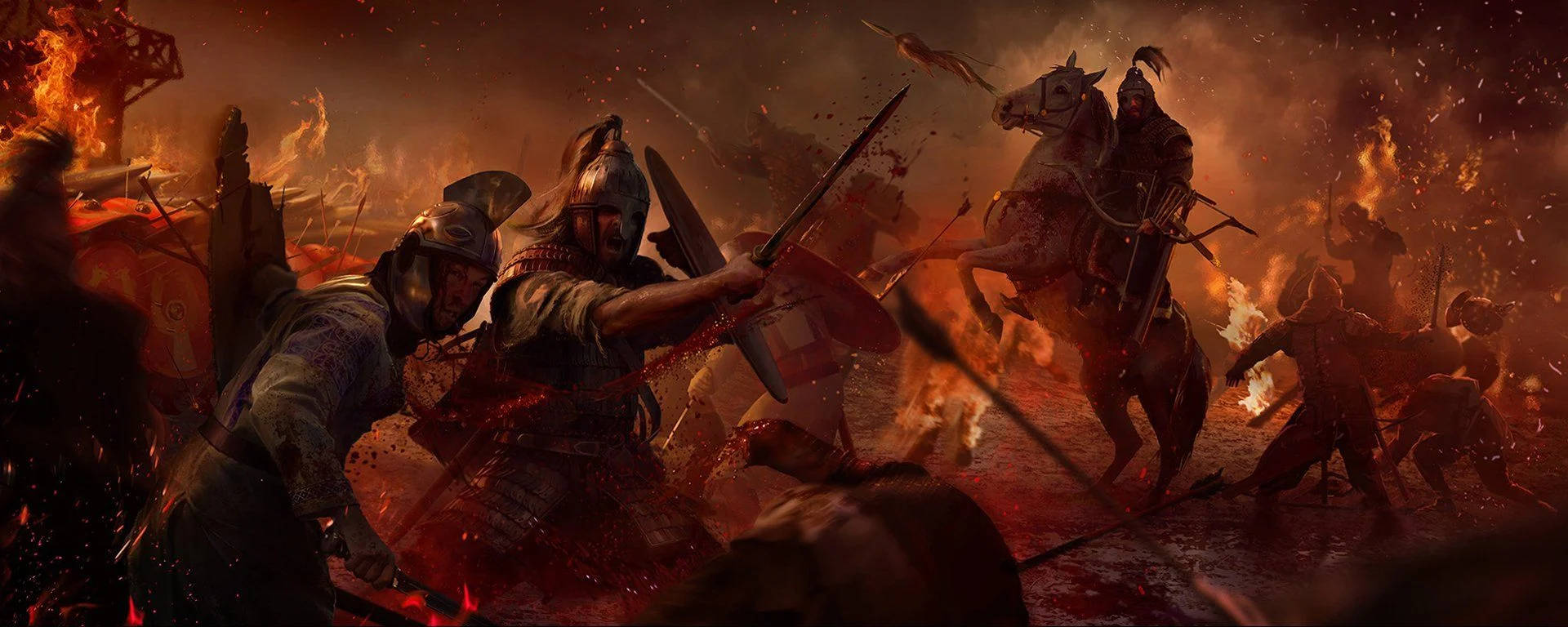 Total War Rome 2 桌布 壁紙 — 戰士們在煙霧瀰漫的橙色天空下，在爆炸和流血中，用劍、盾牌和馬匹在熾熱的戰場上衝突。