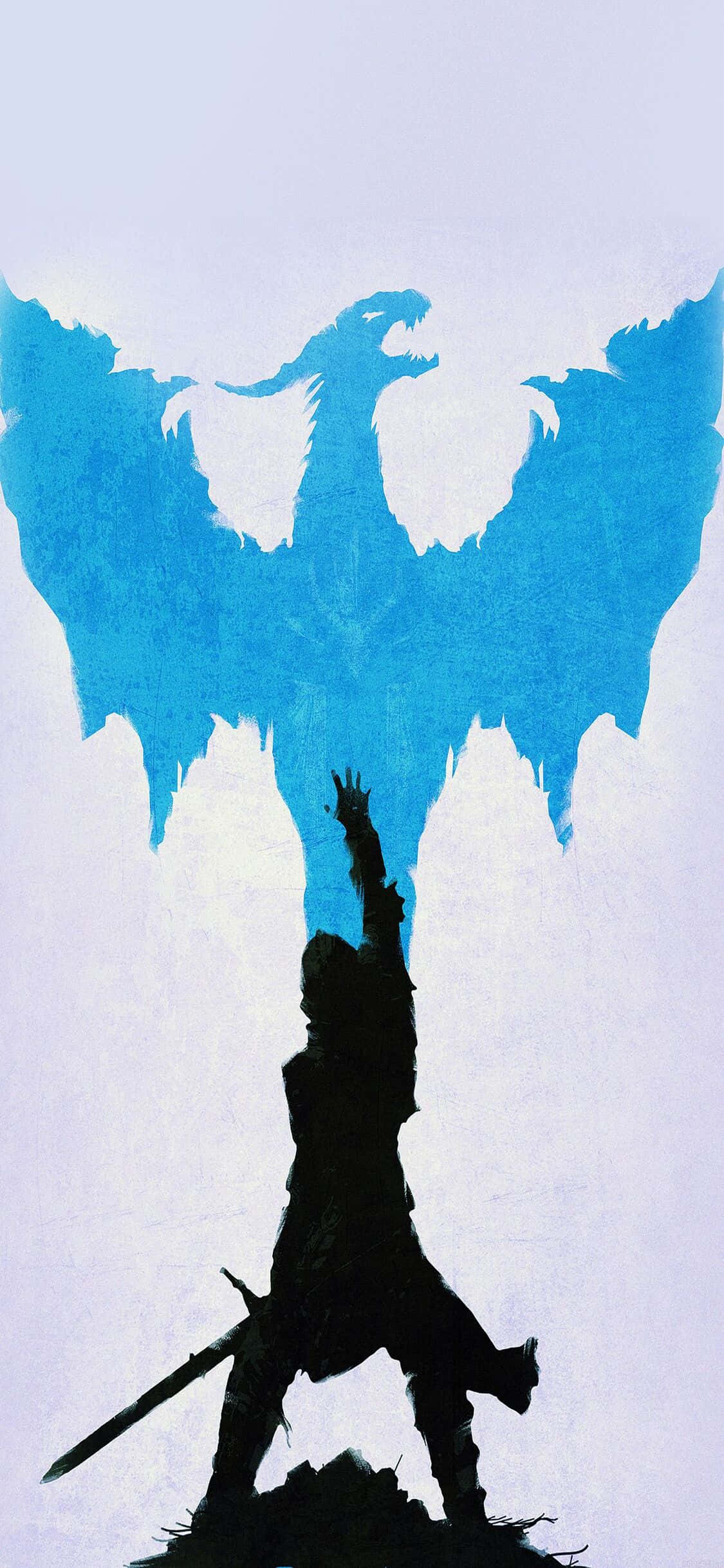 iPhone Xs Dragon Age Inquisition 桌布 壁紙 — 戰士剪影舉劍指向巨大藍龍剪影，背景為蒼白天空。