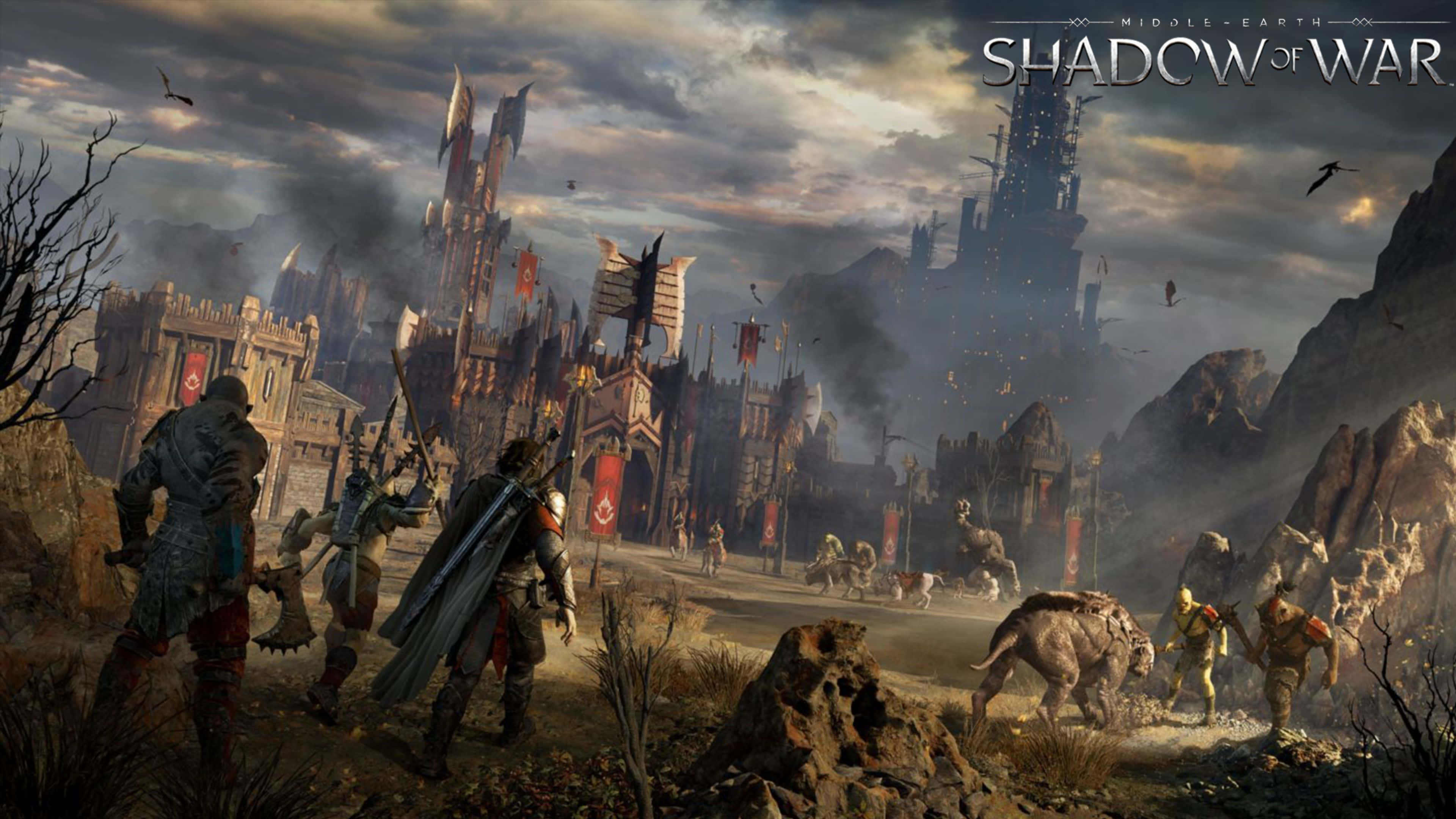 4K Shadow Of War 桌布 壁紙 — 戰士和怪獸在暴風雨的天空下向黑暗堡壘進軍的奇幻戰鬥場景。