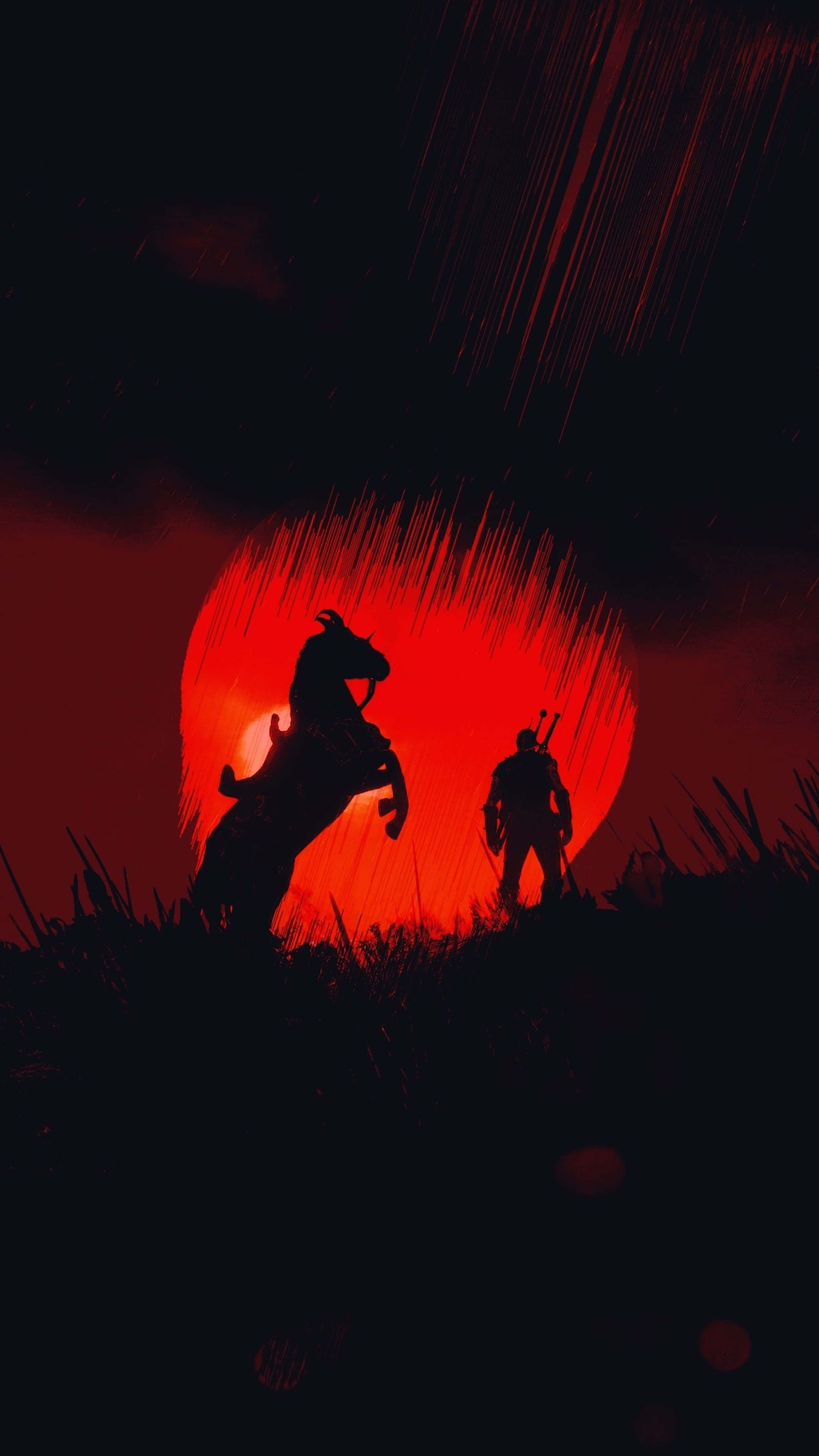 Silhouette 桌布 壁紙 — 戰士和馬的剪影站在山丘上，背景是熾熱的紅太陽和雨絲。
