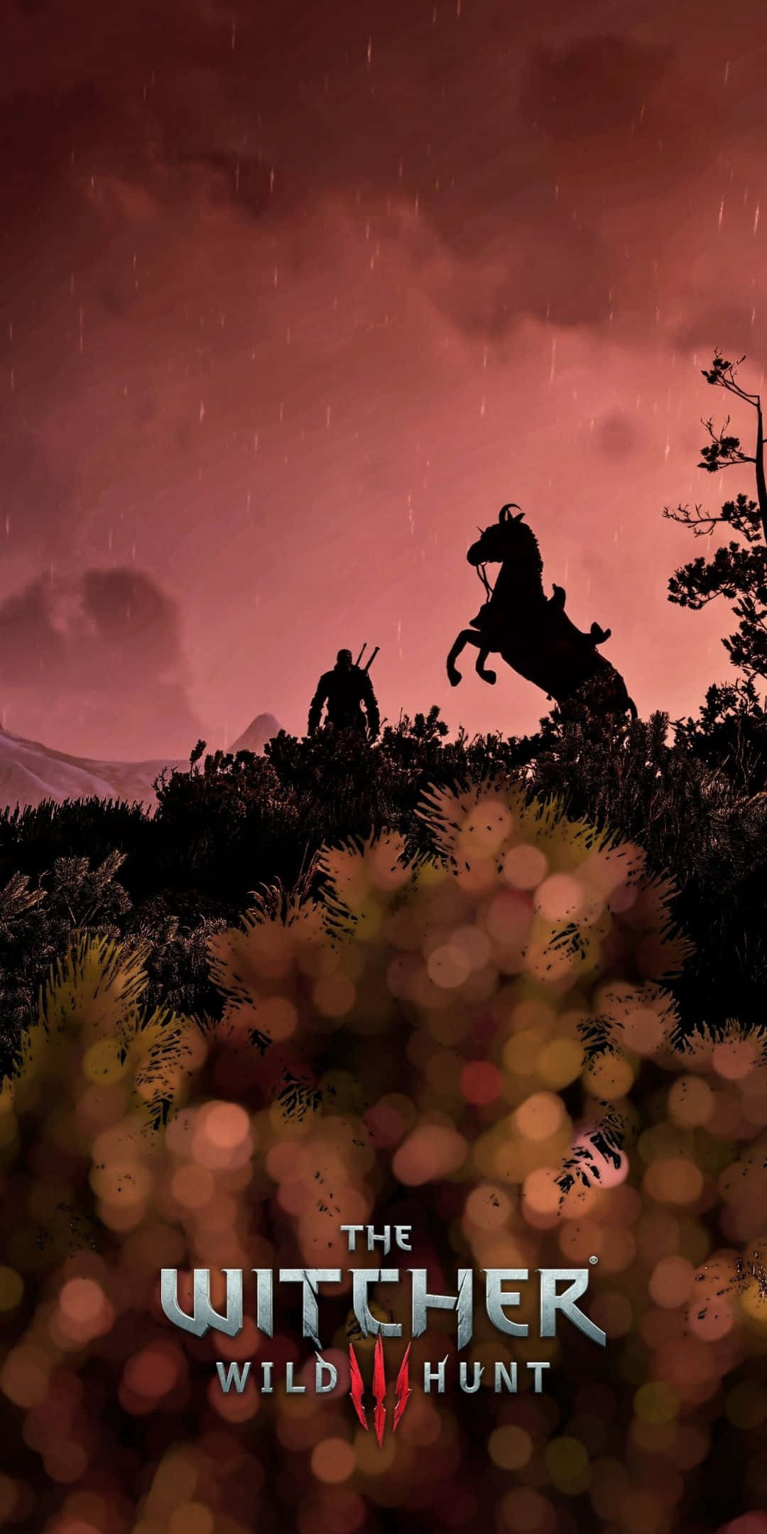 Pixel 3 The Witcher 3 桌布 壁紙 — 戰士和馬的剪影站在山丘上，背景是暴風雨般的深紅天空，前景有散景效果。