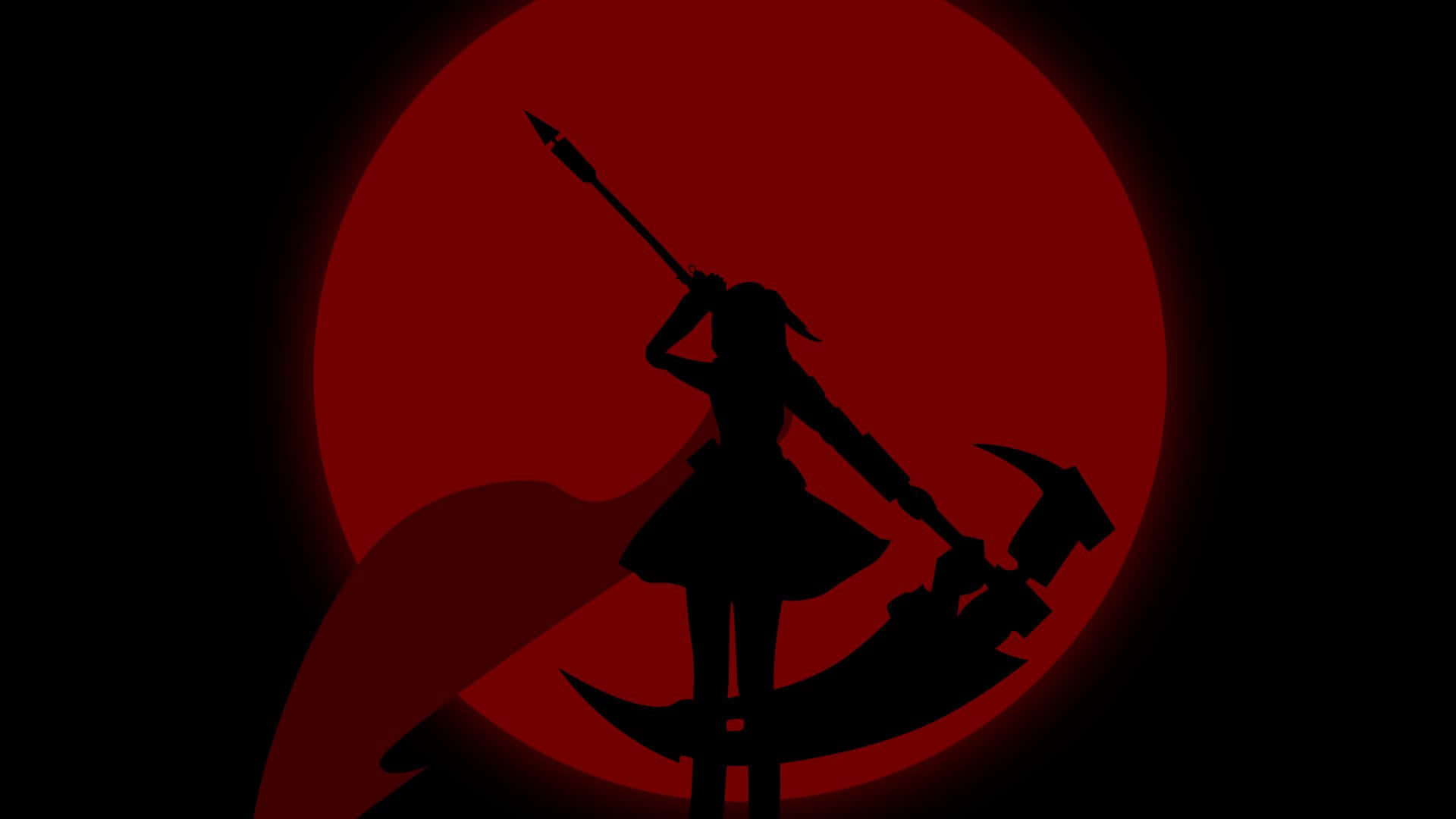 RWBY 桌布 壁紙 — 戰士少女剪影，手持長矛和錘子，背景是發光的紅月亮。