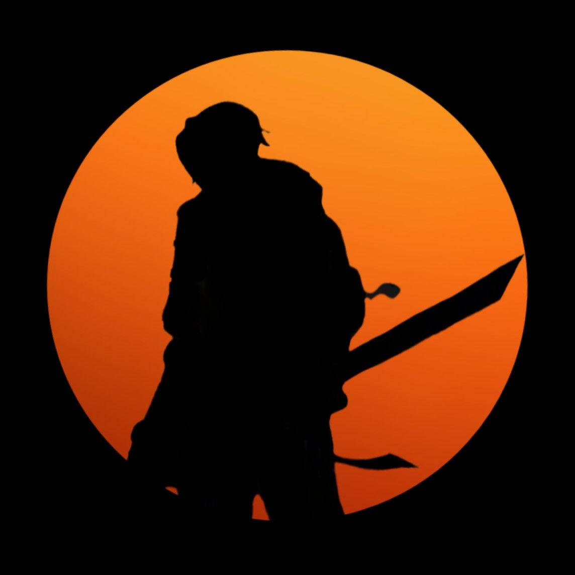 Silhouette 桌布 壁紙 — 戰士持劍的剪影，在發光的橙色太陽襯托下，呈現強烈的黑色對比。