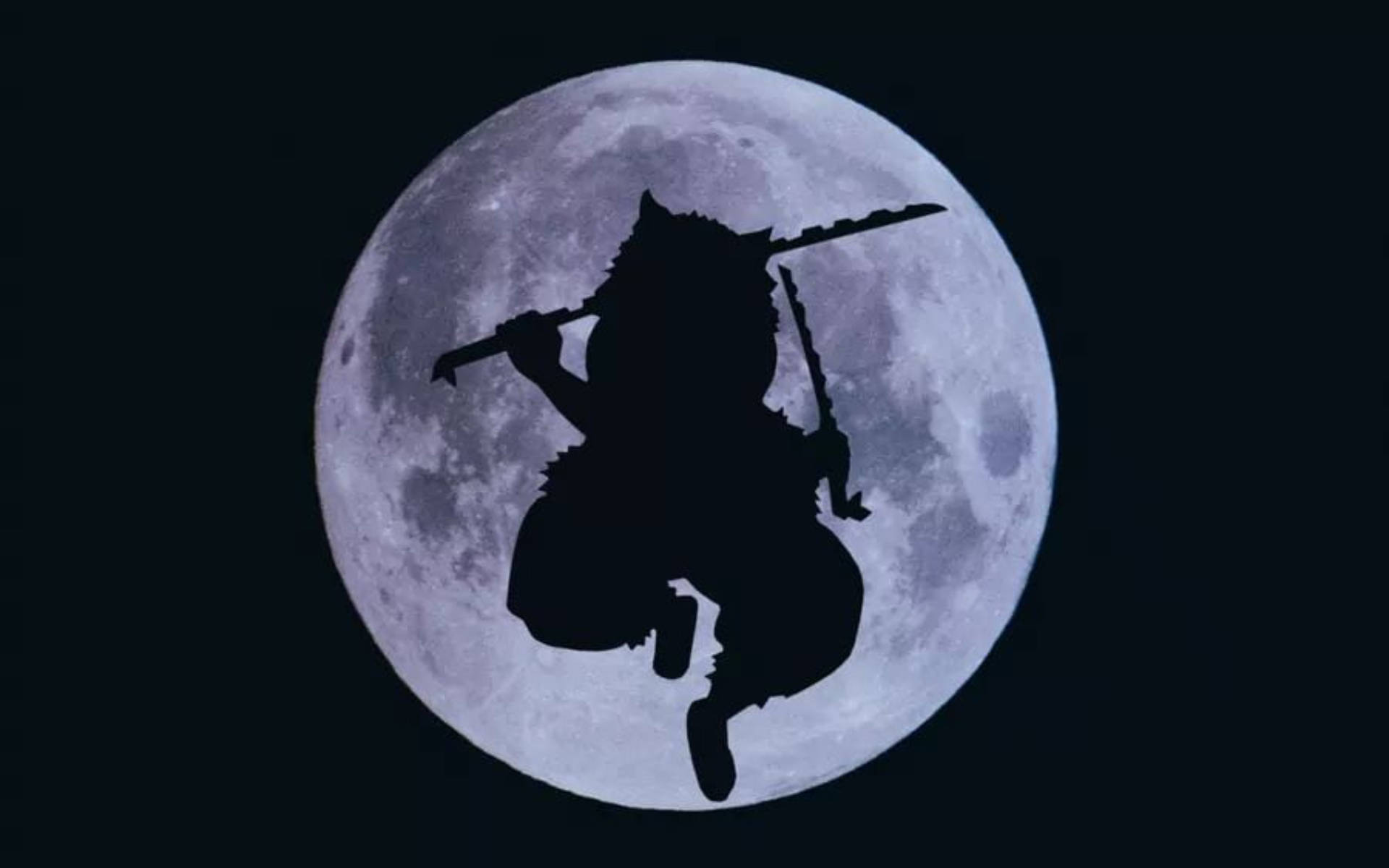 伊之助 桌布 壁紙 — 戰士的剪影在深邃夜空中對著細節豐富的滿月動態跳躍。