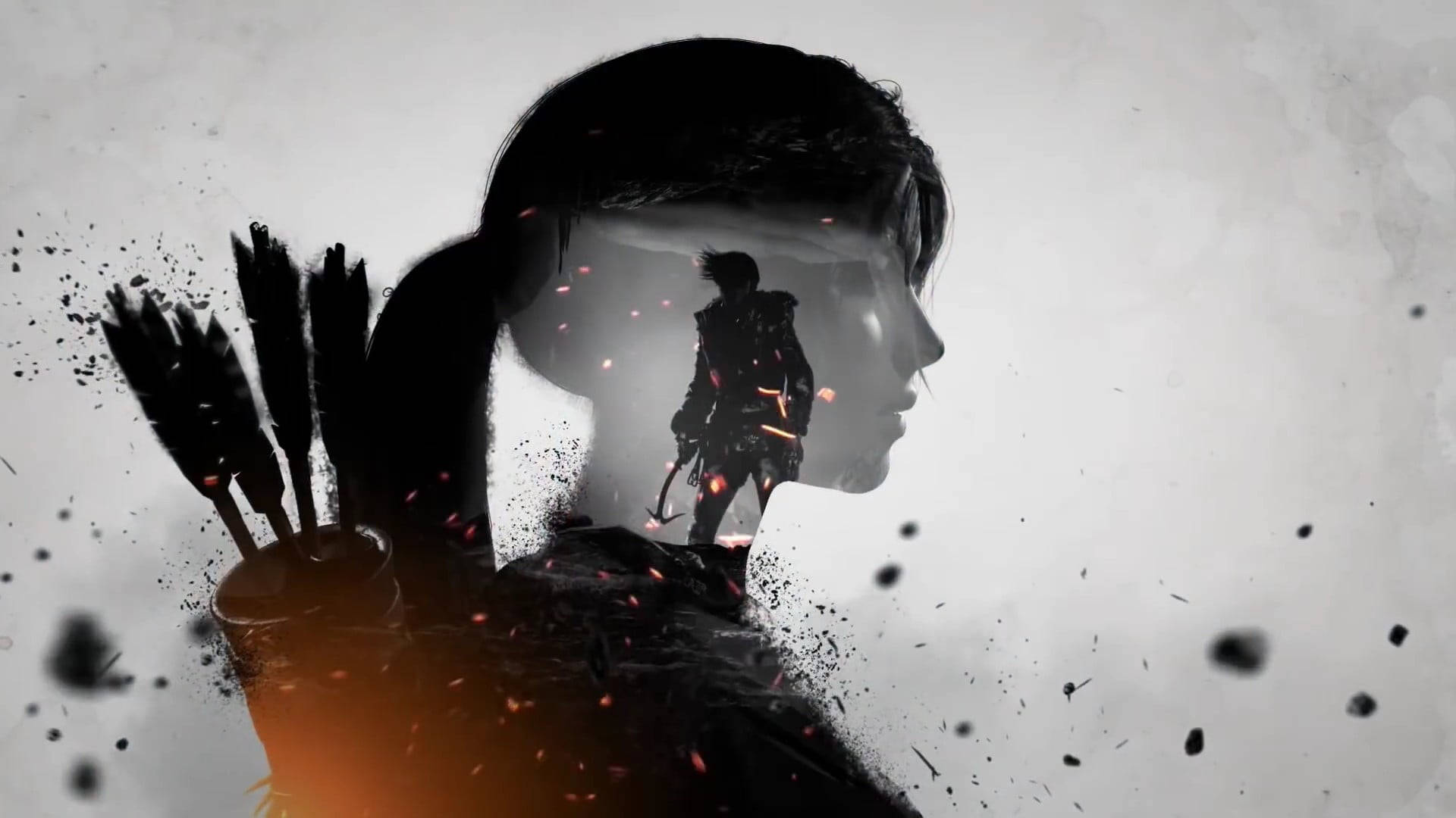 Rise Of The Tomb Raider 桌布 壁紙 — 戰士的剪影手持箭袋，發光的餘燼在半透明輪廓周圍飄浮，背景為純白色。