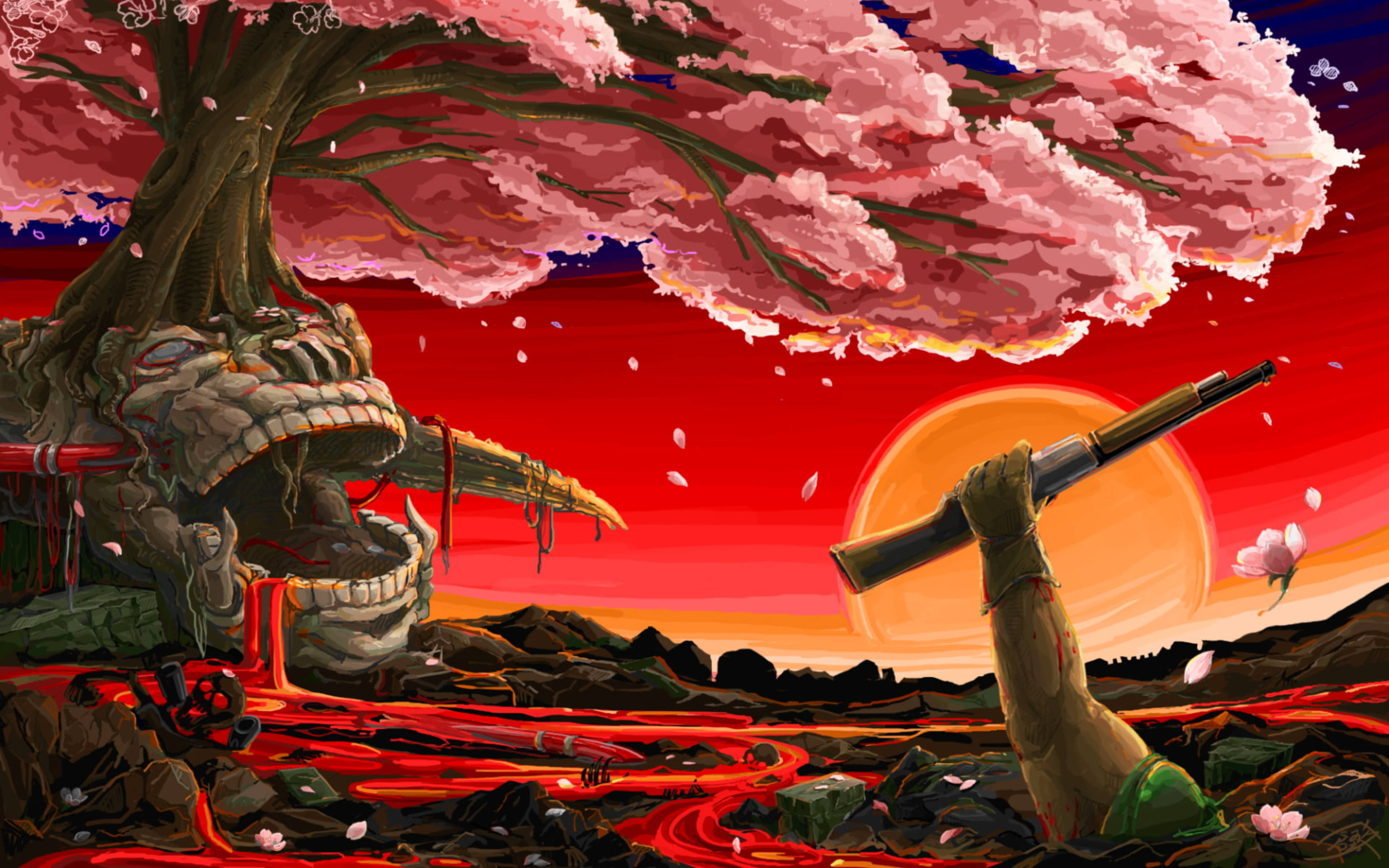 Doomguy 桌布 壁紙 — 戰士的手臂從血染的大地中升起，在盛開的櫻花樹下握著步槍，背景是熾熱的夕陽。