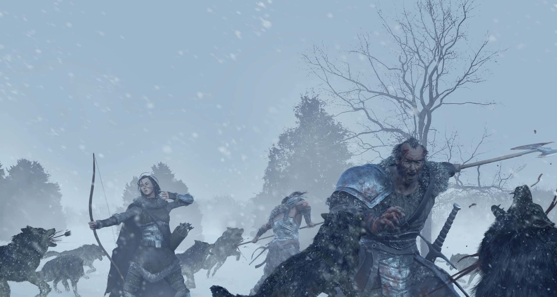 Wolf Attack 桌布 壁紙 — 戰士與狼群在雪林中的飄雪下戰鬥，周圍是光禿的樹木和迷霧籠罩的氛圍。