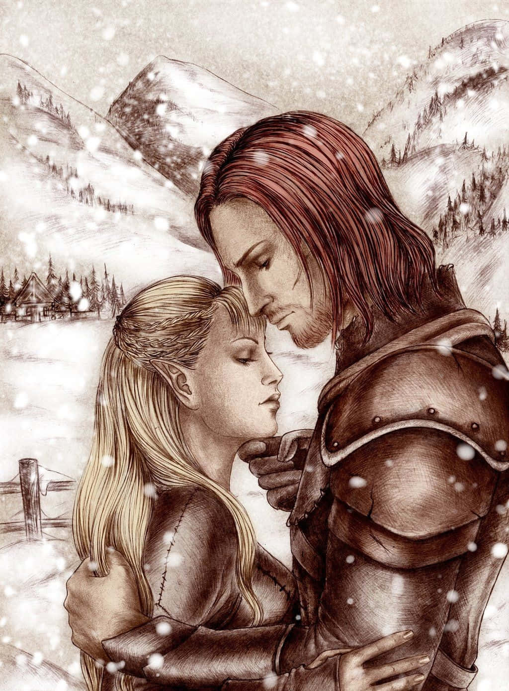 Skyrim Brynjolf 桌布 壁紙 — 戰士與精靈在白雪覆蓋的山脈中，在飄雪下的溫柔時刻。