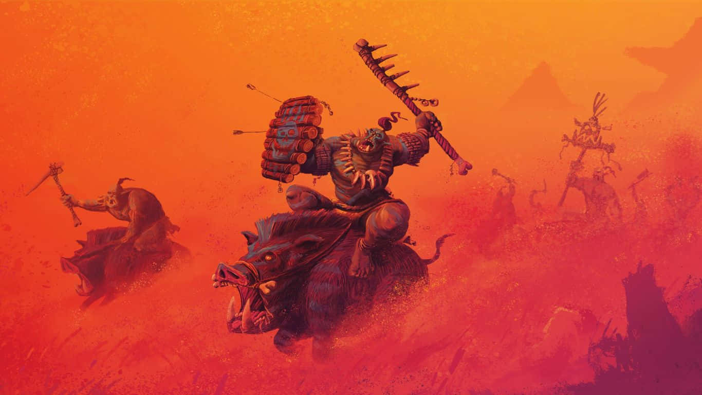 1366x768 Total War Warhammer Ii 桌布 壁紙 — 戰士騎著巨獸般的野豬穿過火橙色的戰場，箭矢飛舞，遠處的身影在混亂中衝鋒。