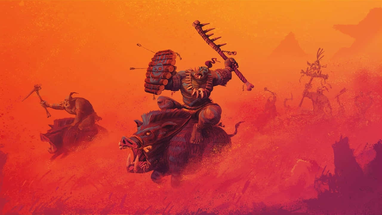 Total War Warhammer 2 桌布 壁紙 — 戰士騎著野豬穿過熾熱的橙色戰場，長矛飛舞，灰塵旋轉，呈現混亂的戰爭場景。