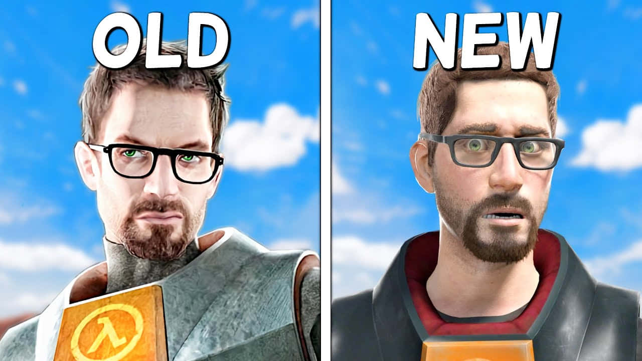 Half-life Characters 桌布 壁紙 — 《戰慄時空》中戈登·弗里曼的並排比較，顯示舊版和新版遊戲引擎在藍天背景下的渲染效果。