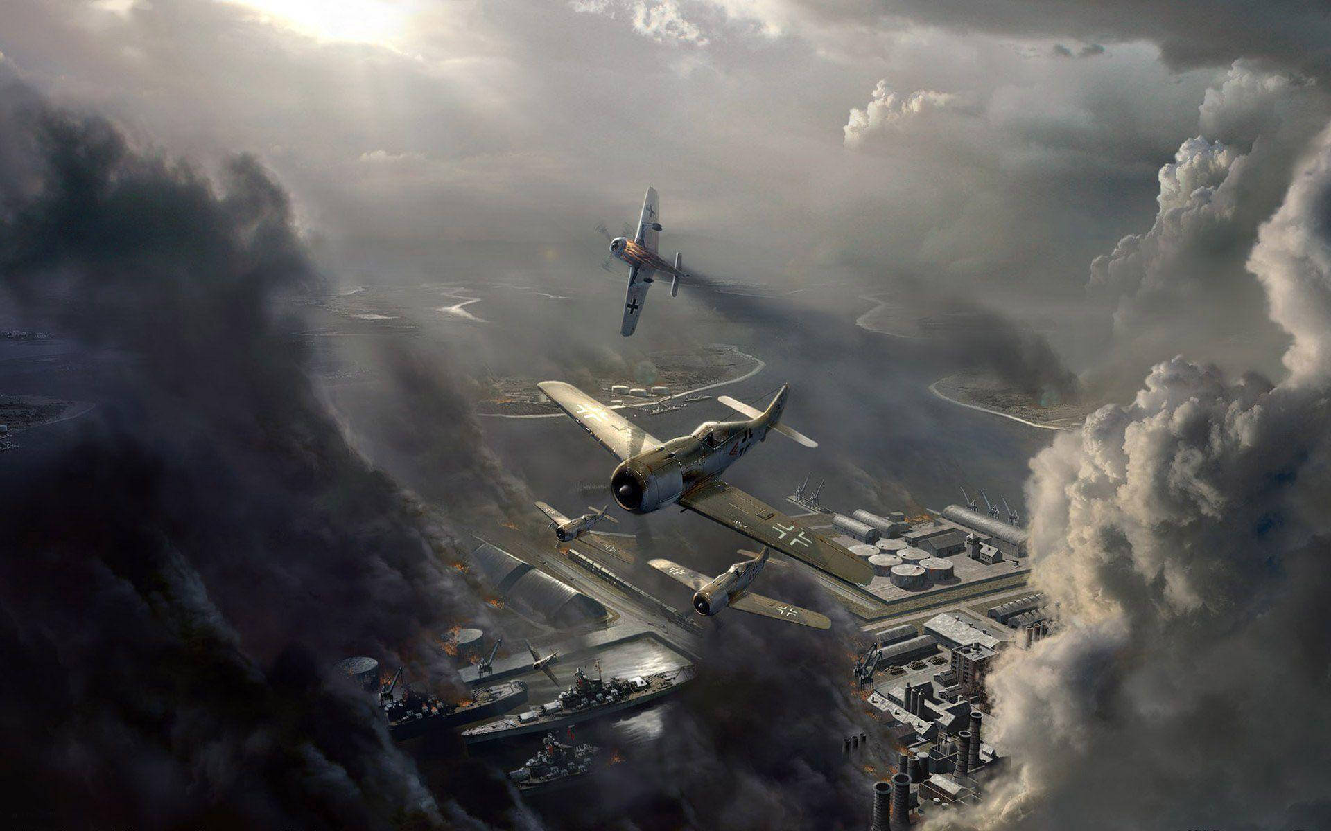 Ww2 桌布 壁紙 — 戰機在暴風雨的天空中翱翔，在燃燒的海軍艦隊和工業綜合體上空進行一場戲劇性的空戰。