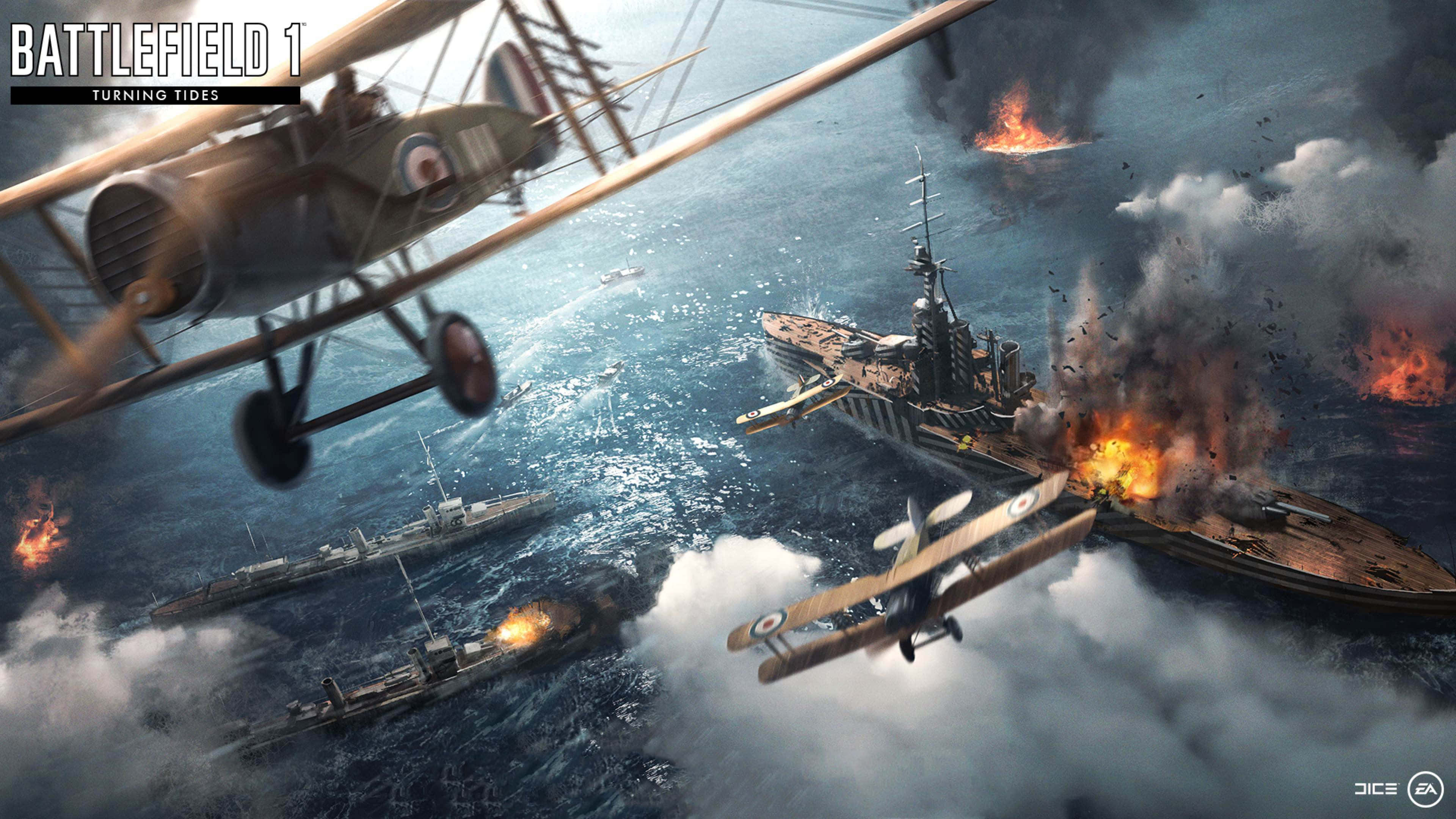 4K Battlefield 桌布 壁紙 — 戰機在燃燒的軍艦上空盤旋，煙霧和火焰在翻騰的海洋上爆發，形成混亂的海戰。