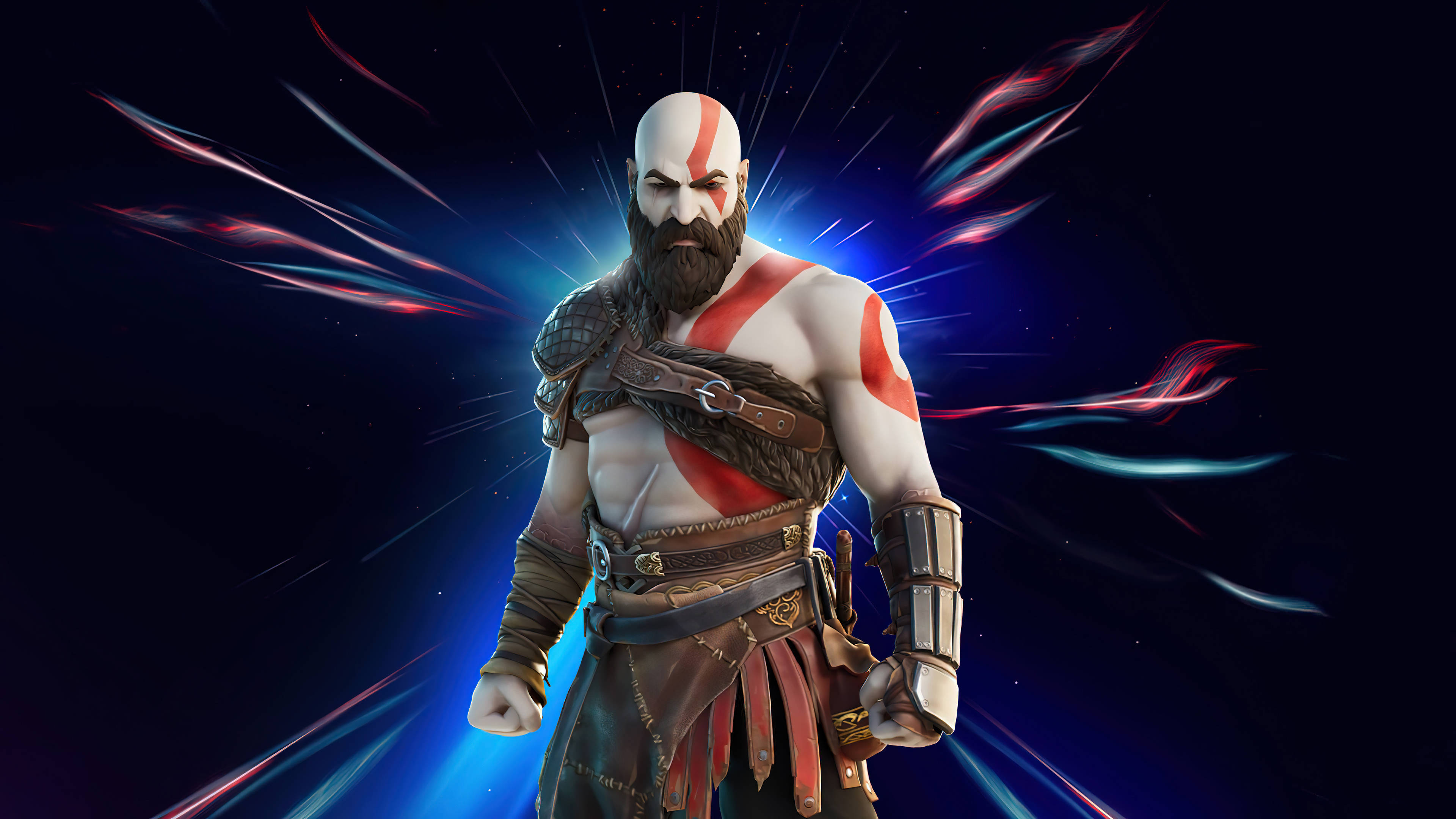 Fortnite Skins 桌布 壁紙 — 《戰神》的克雷多斯在宇宙背景下強勢站立，藍色和紅色的發光能量條向外輻射。