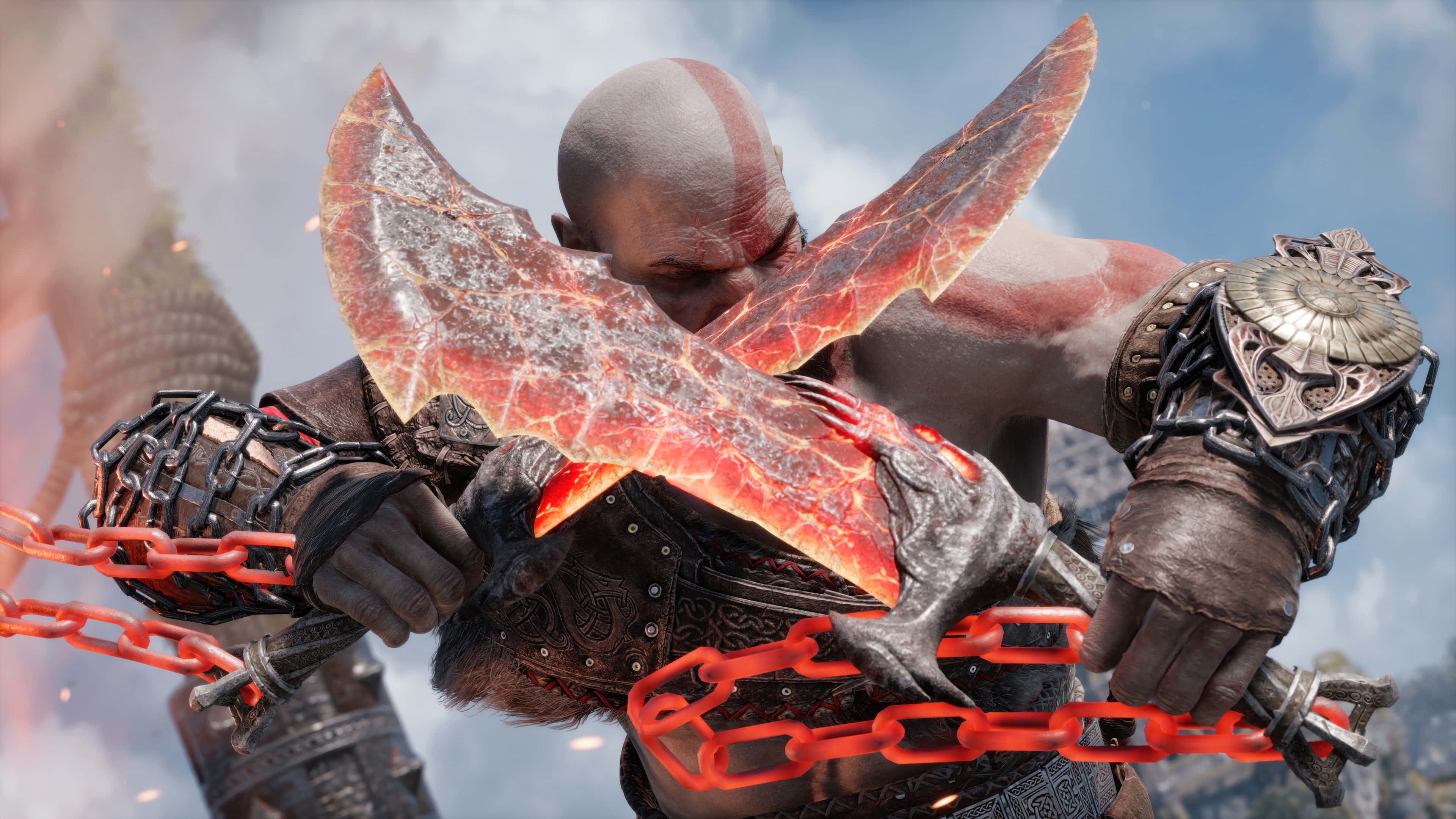 Rpg 桌布 壁紙 — 《戰神》的克雷多斯在陰雲密布的天空下握緊他的火焰斧頭和鏈條武器。