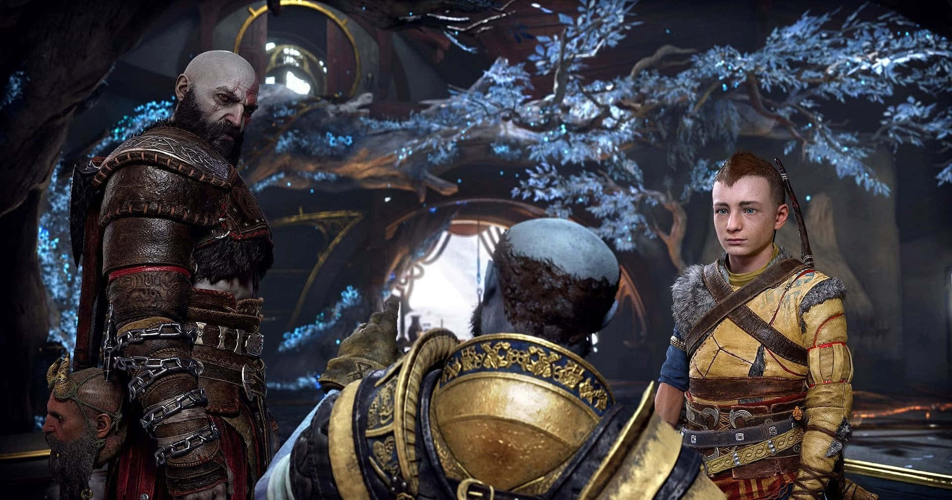 God Of War Characters 桌布 壁紙 — 《戰神》角色站在一個神秘的森林中，有發光的藍色樹木和古代遺跡。