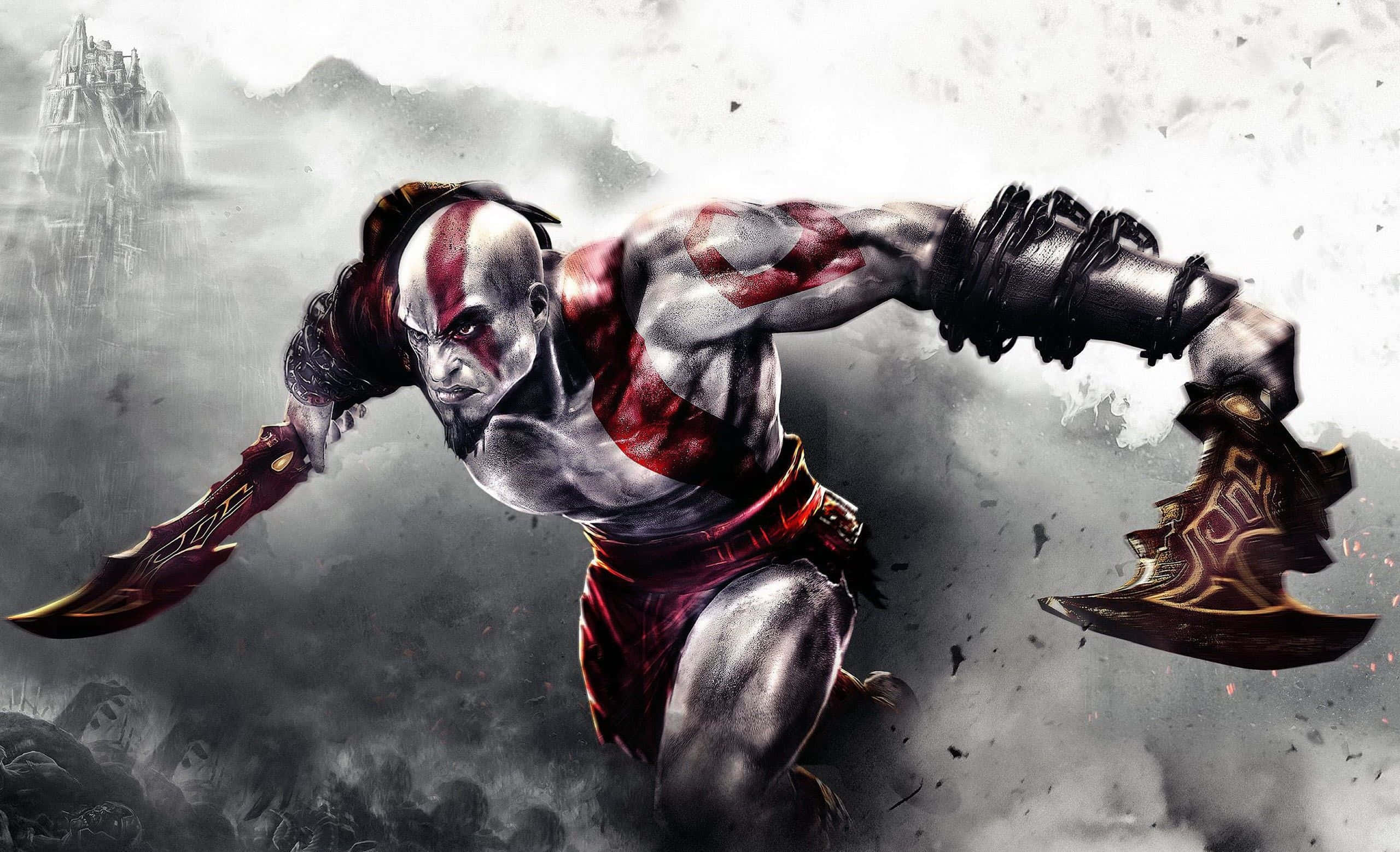 Kratos 桌布 壁紙 — 戰神奎托斯在風暴戰場上手持標誌性雙刃衝鋒，背景是迷霧中的城堡。