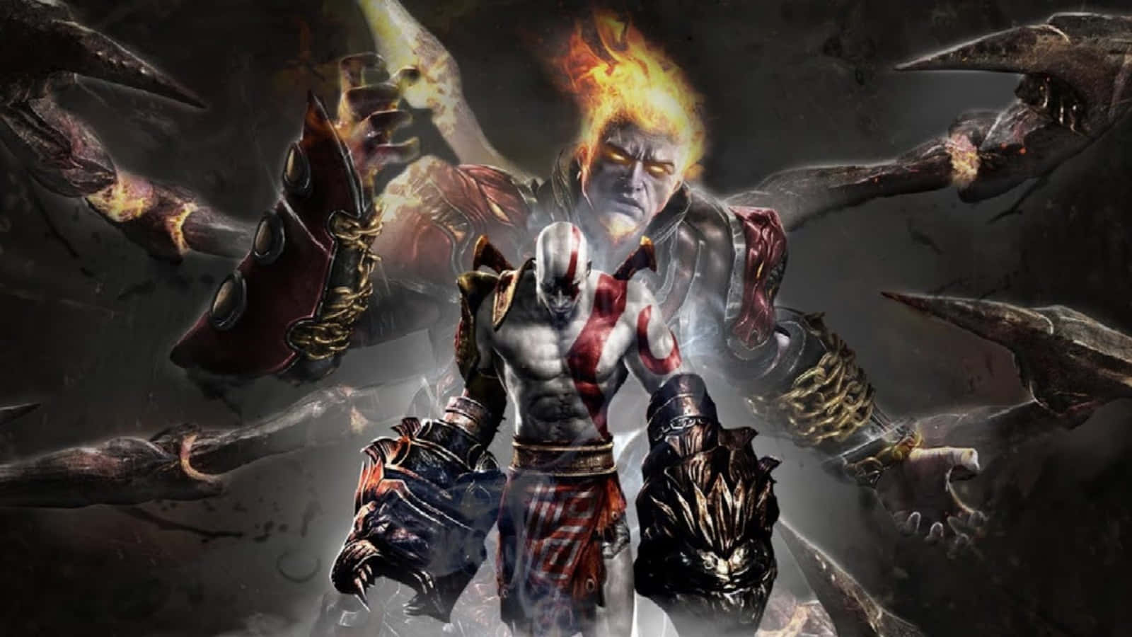 God Of War Characters 桌布 壁紙 — 戰神奎托斯在黑暗、充滿戰鬥痕跡的場景中，挑釁地站立，周圍噴發出火焰鎖鏈。