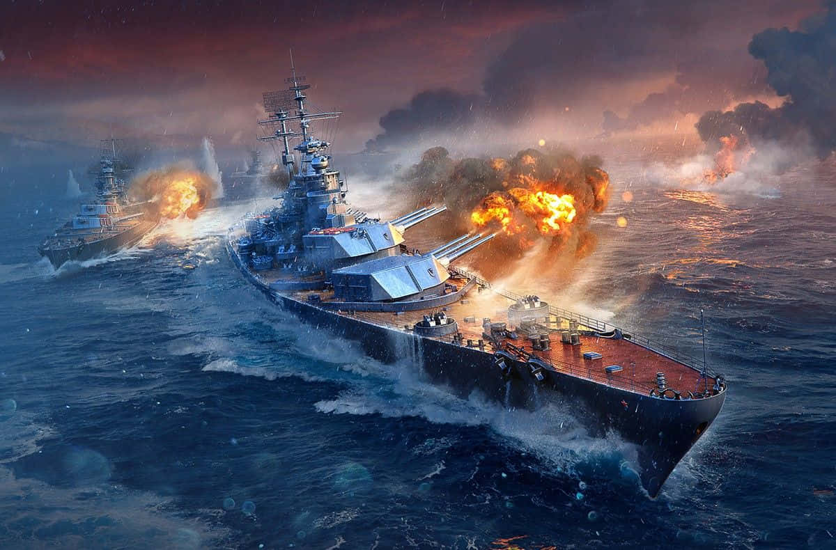 Battleship 桌布 壁紙 — 戰艦在波濤洶湧的大海上發射巨型大炮，天空燃燒著暮色。