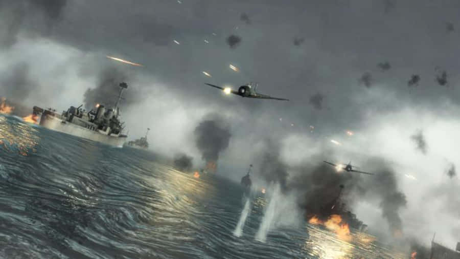 Battlefield 桌布 壁紙 — 戰艦在熾熱的爆炸和煙霧中戰鬥，戰鬥機在洶湧的海浪上俯衝。
