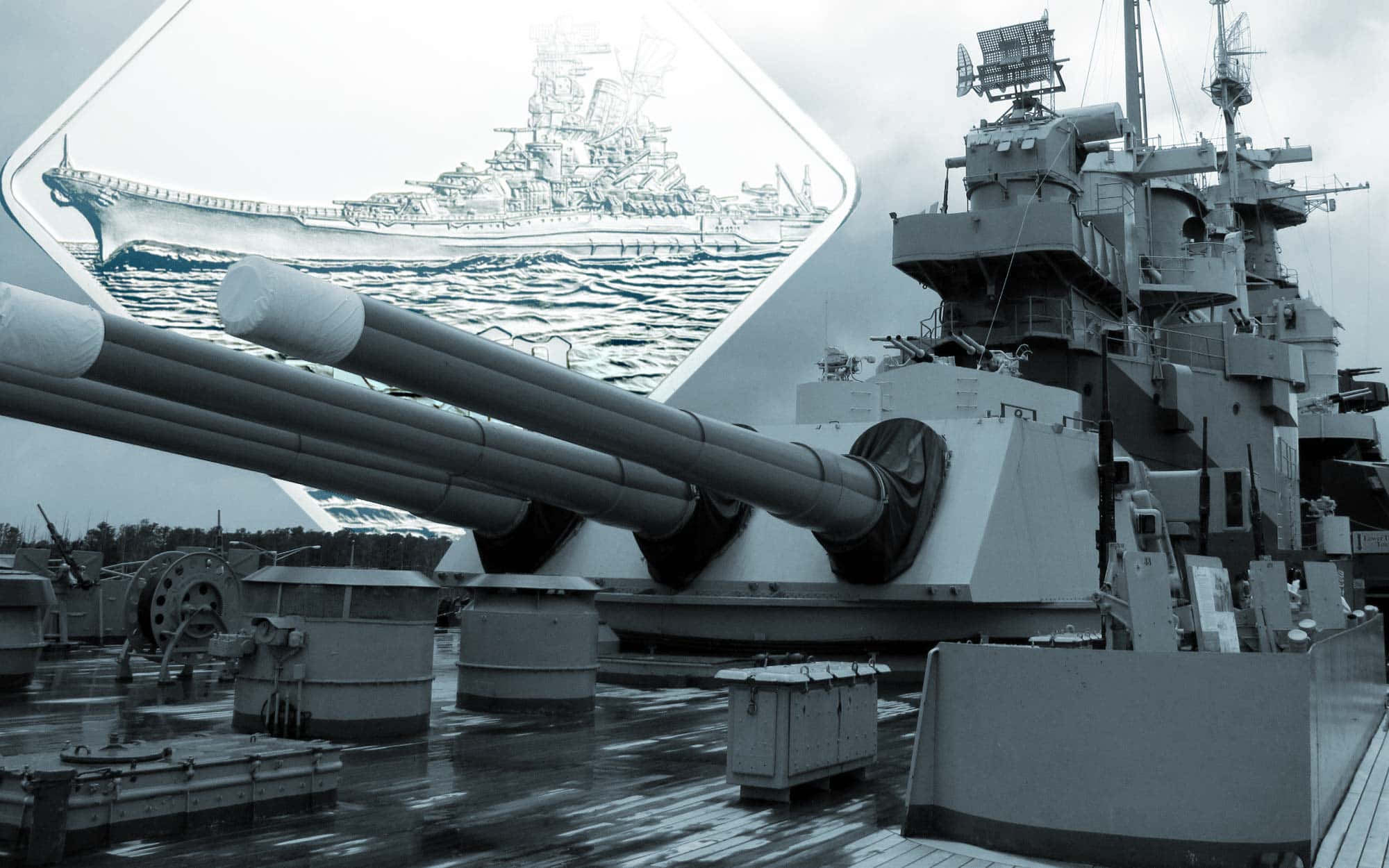Battleships 桌布 壁紙 — 戰艦巨大砲塔的單色特寫，背景有另一艘軍艦的風格化線條藝術描繪。