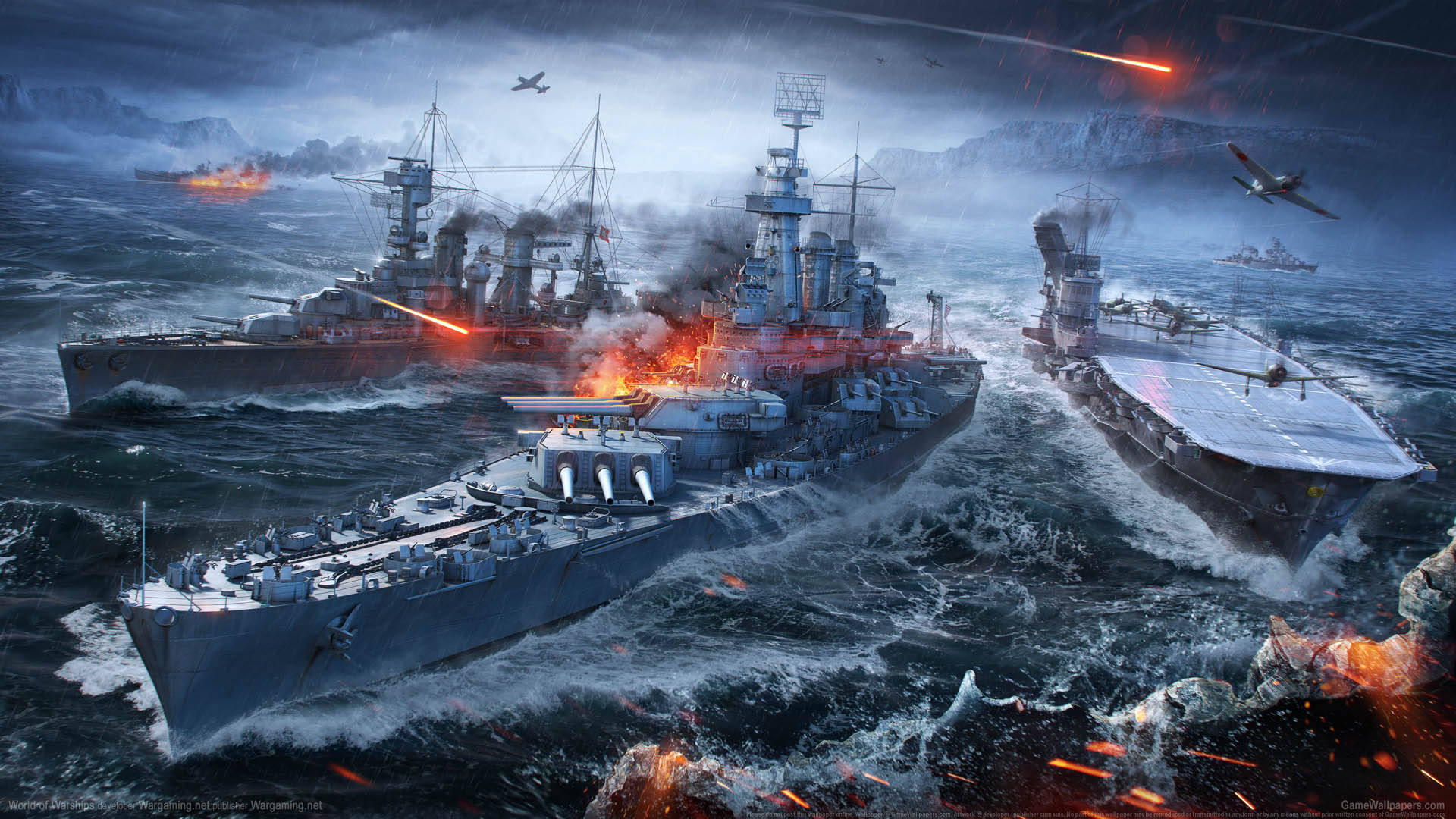 Warship 桌布 壁紙 — 戰艦艦隊在暴風雨中碰撞，爆炸、煙霧和戰鬥機在黑暗的天空和洶湧的波浪中交織。