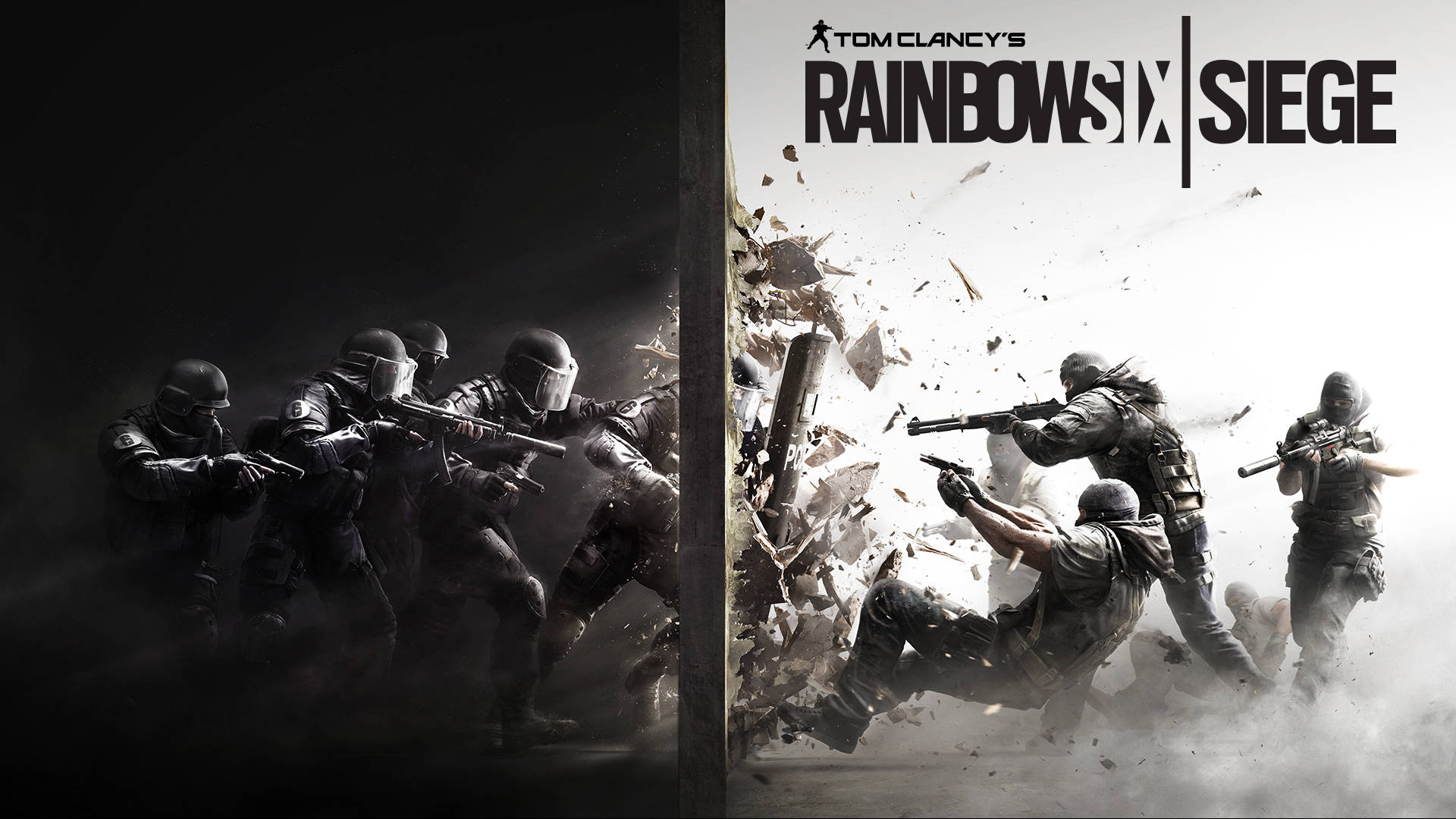 電玩遊戲 桌布 壁紙 — 戰術士兵在《Tom Clancy's Rainbow Six Siege》的高對比黑白動作場景中突破牆壁。