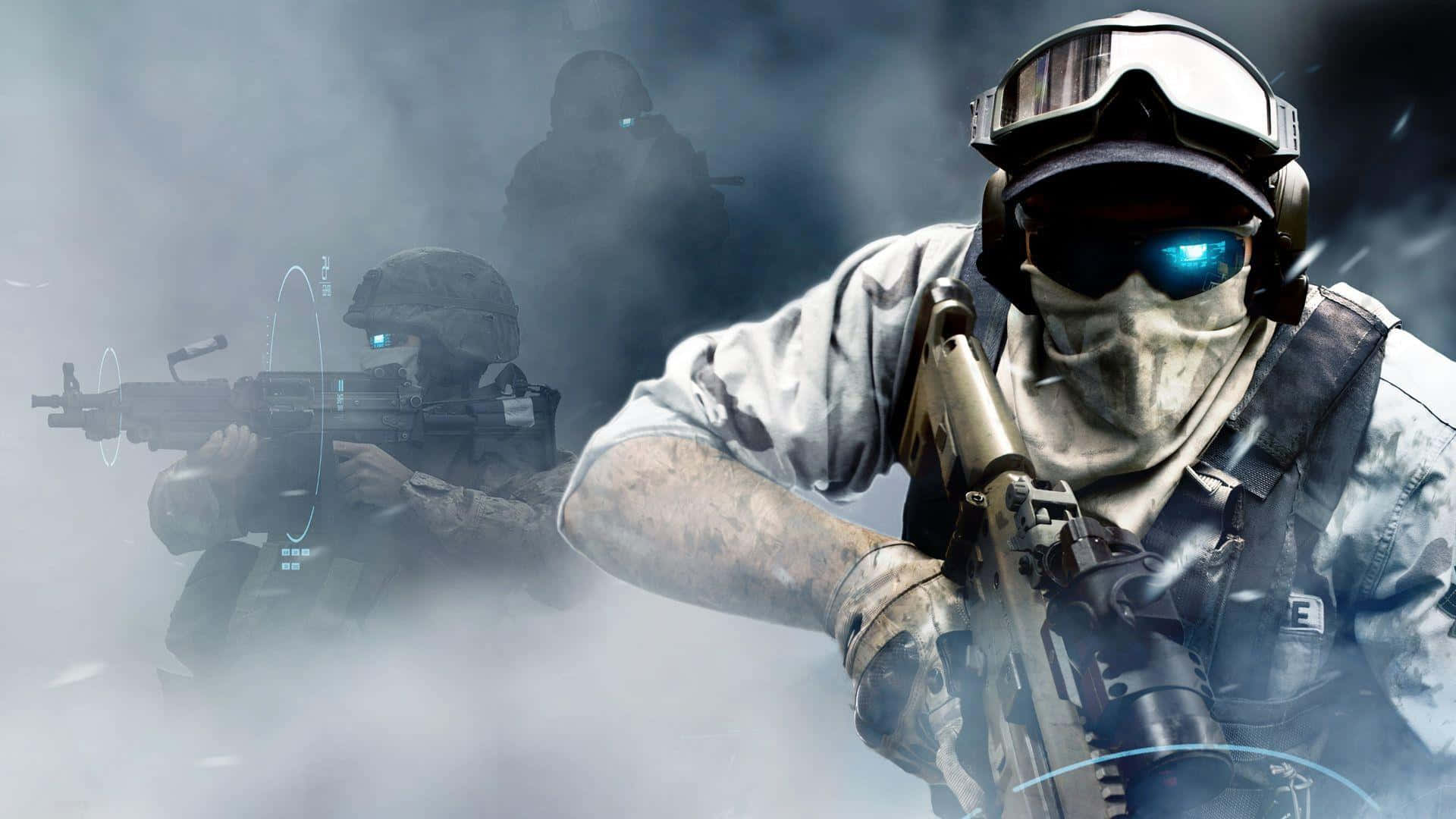 First-person Shooter 桌布 壁紙 — 戰術士兵在煙霧中，戴著發光藍色護目鏡，在 gritty 戰鬥場景中瞄準步槍。