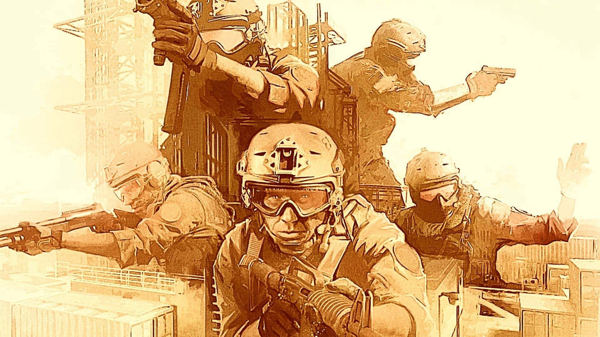 高清 桌布 壁紙 — 戰術士兵戴著頭盔和裝備，在陽光照耀的城市廢墟中持槍前進。