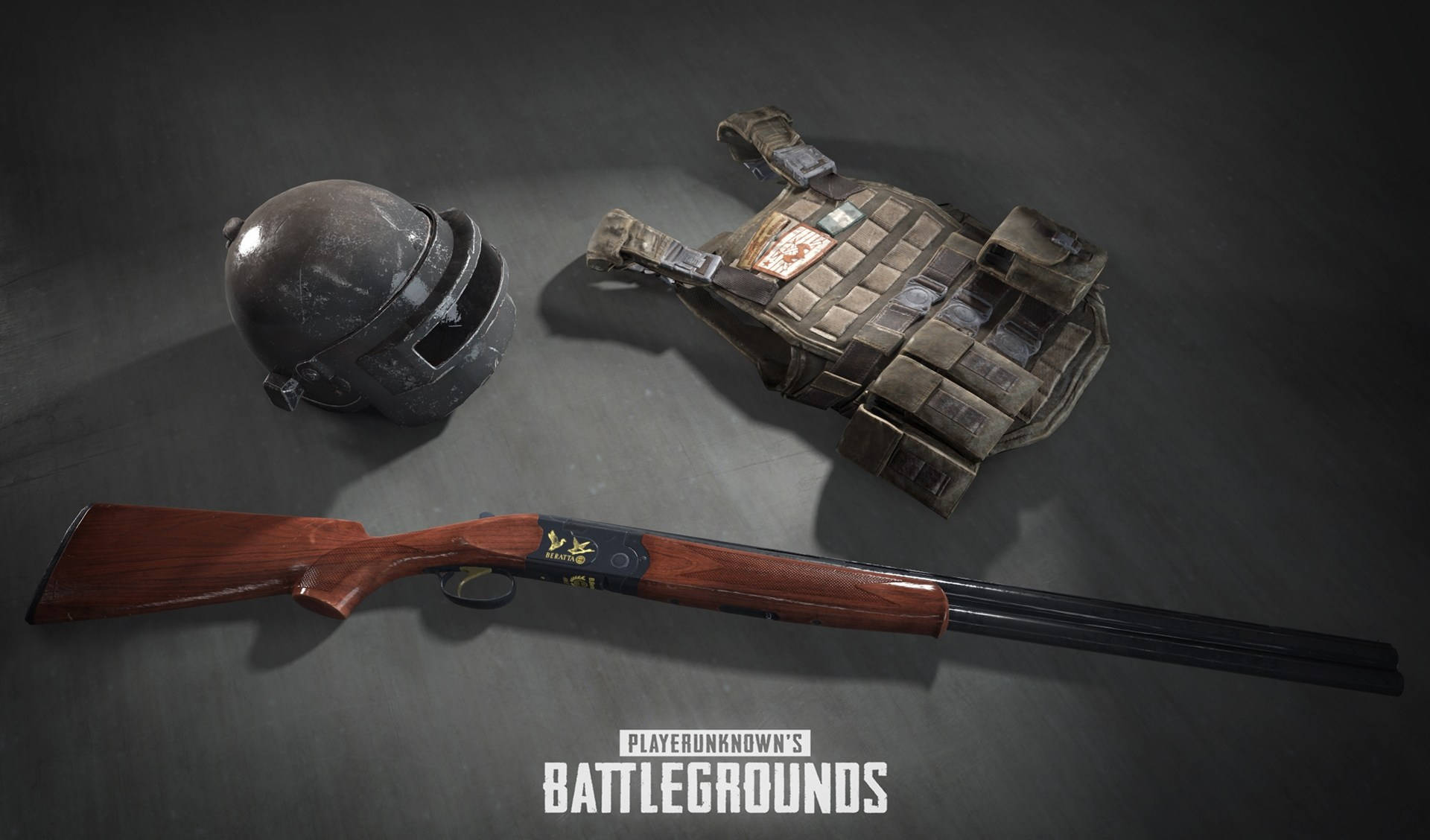 pubg 4K gaming 桌布 壁紙 — 戰術頭盔背心和木製槍托霰彈槍排列在深灰色表面上，帶有 PUBG 標誌。