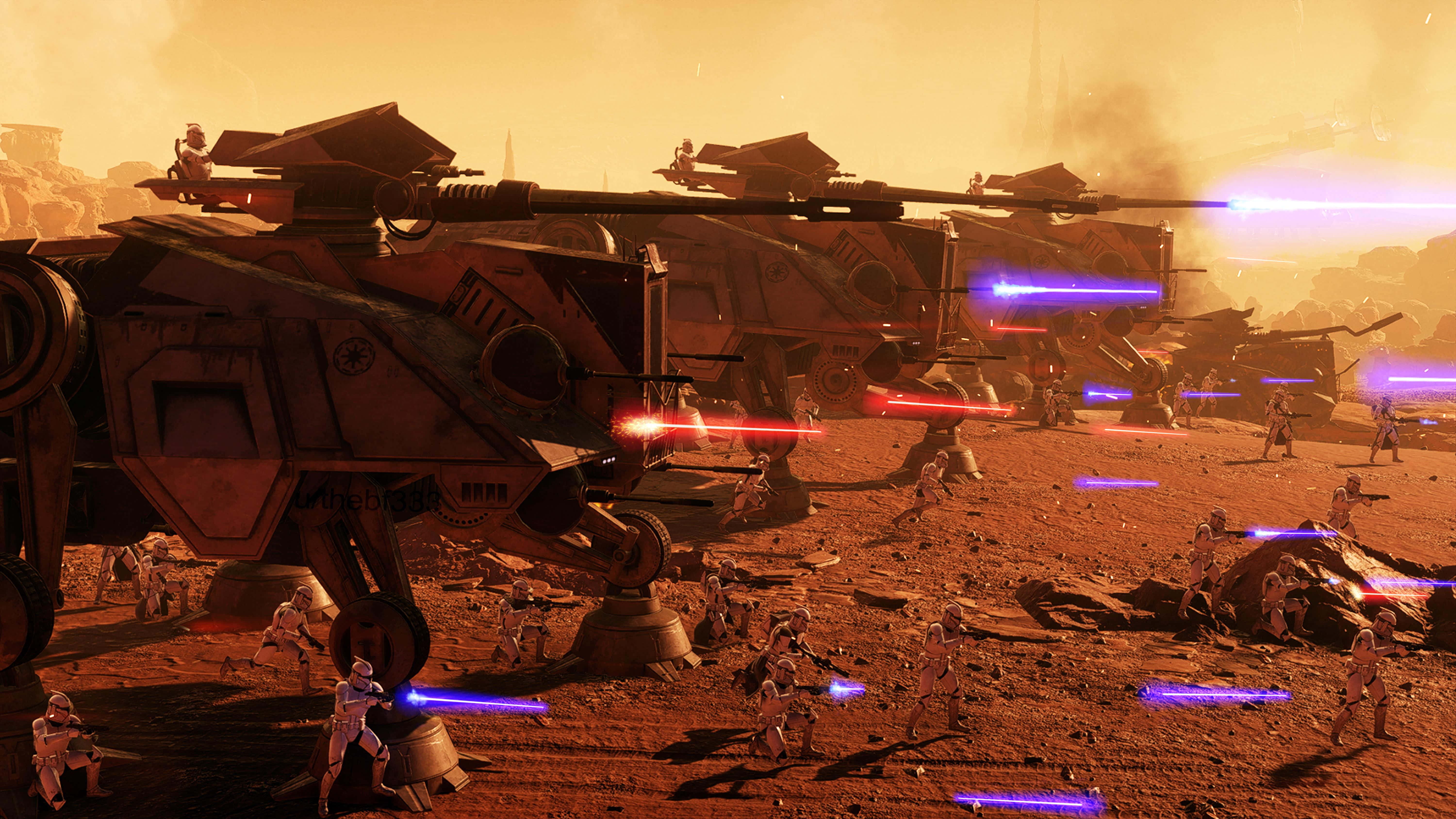 Geonosis 桌布 壁紙 — 戰鬥機器人和步行機在塵土飛揚的外星行星上，在發光的橙色天空下碰撞。