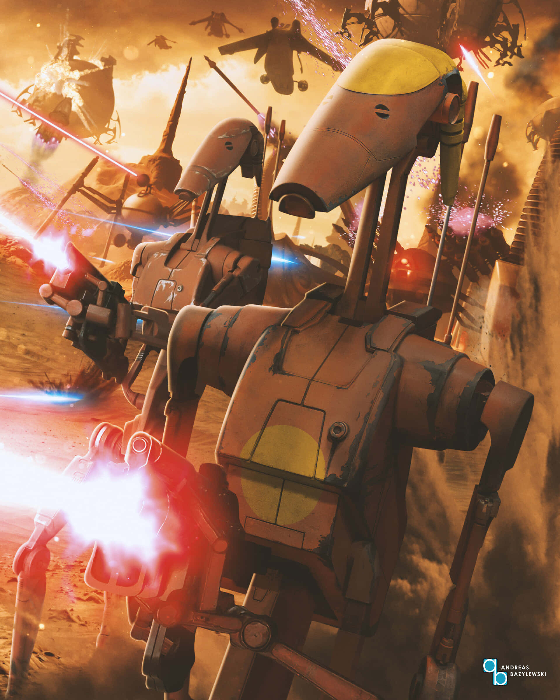The Battle Of Geonosis 桌布 壁紙 — 戰鬥機器人在混亂的沙漠戰場上發射明亮的紅色雷射，伴隨著爆炸和飛行車輛。