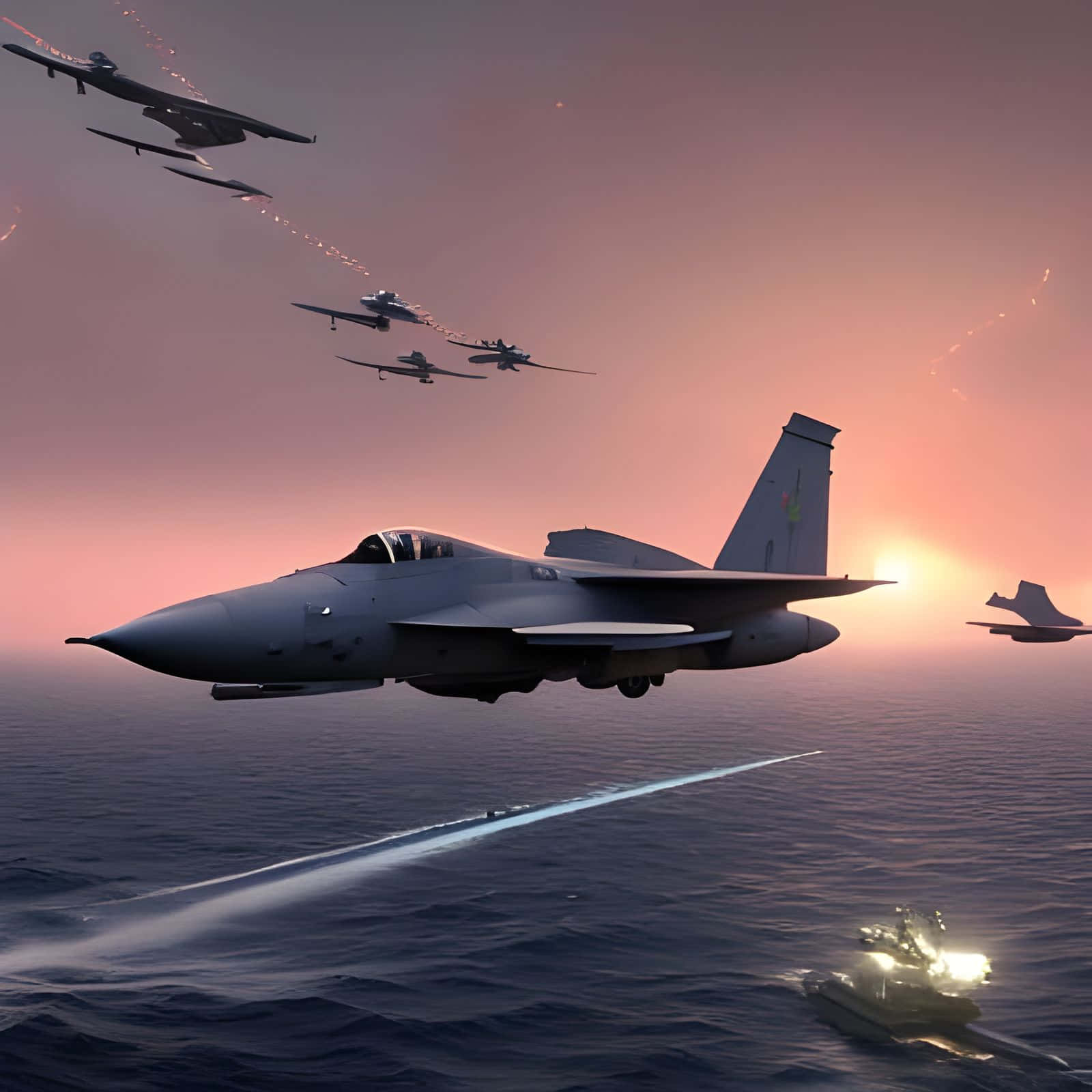 Aircraft 桌布 壁紙 — 戰鬥機在日落時分翱翔於海洋上空，曳光彈劃過粉紅與橙色的天空。