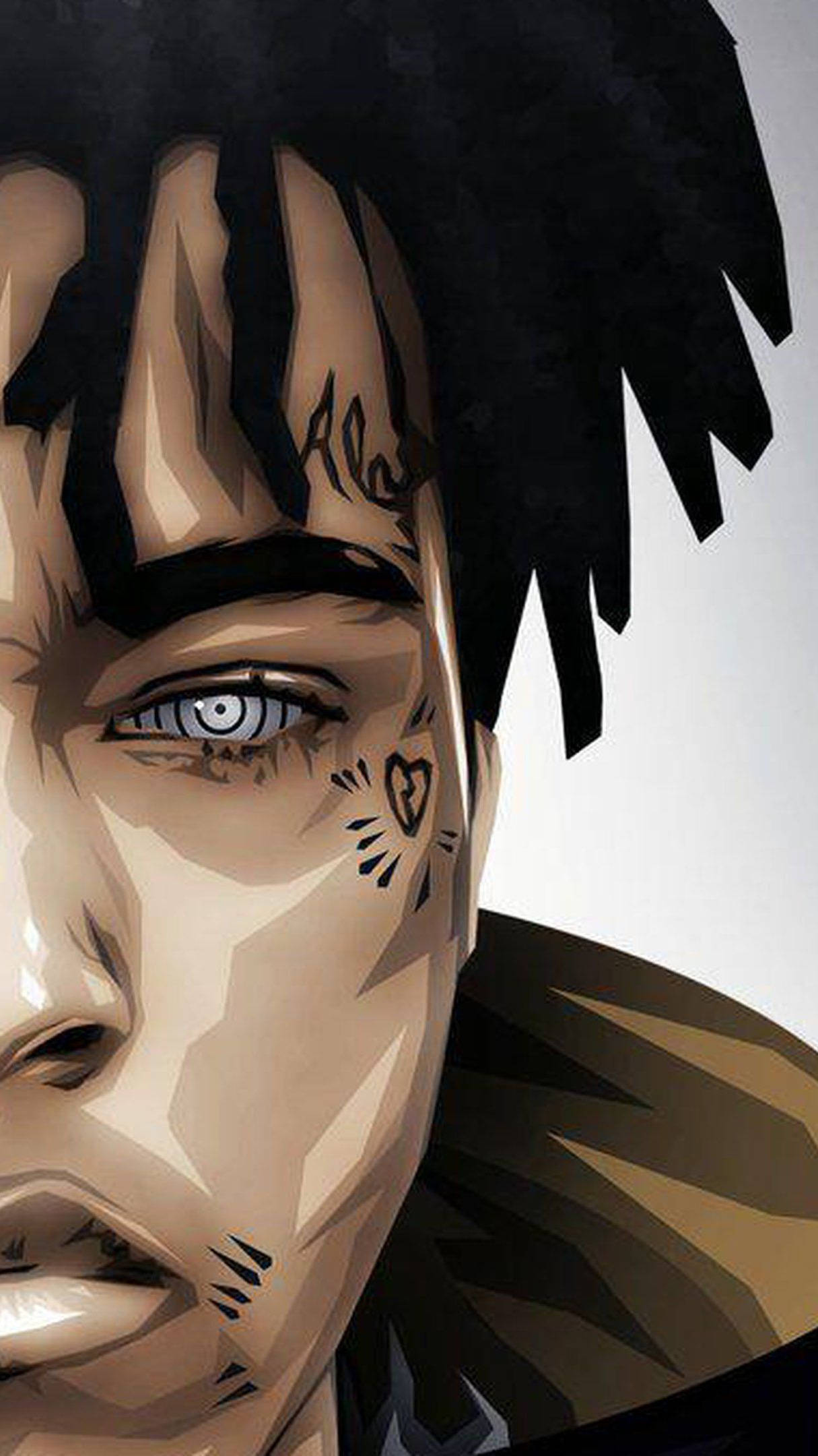xxxtentacion 美學 桌布 壁紙 — 戲劇性燈光下，年輕男子藍眼睛與刺青的特寫風格肖像。